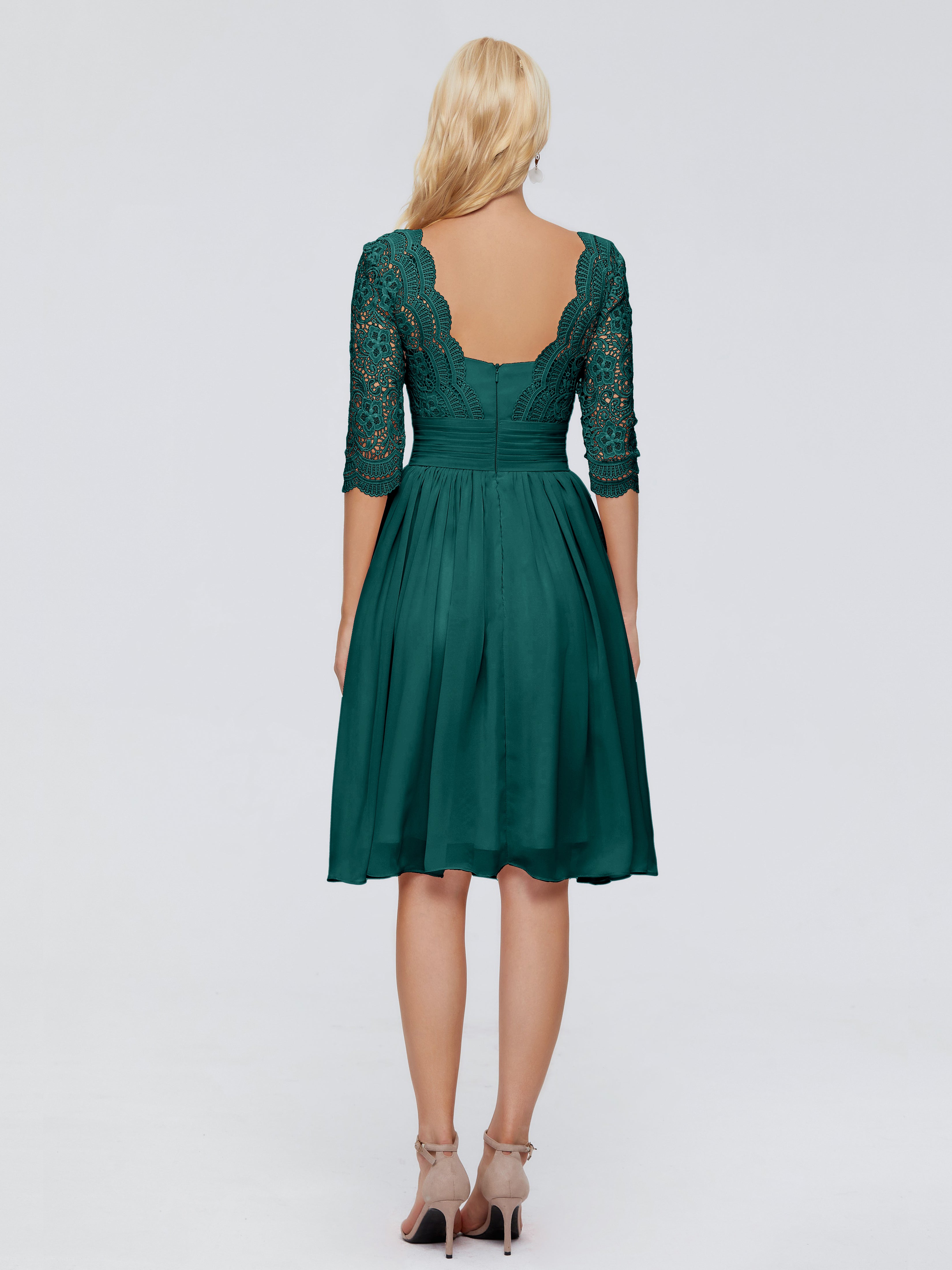 Robes De Demoiselle D'Honneur Couleur Paon Bon Marché Longueur Genou Dentelle Robes Demoiselle D'Honneur