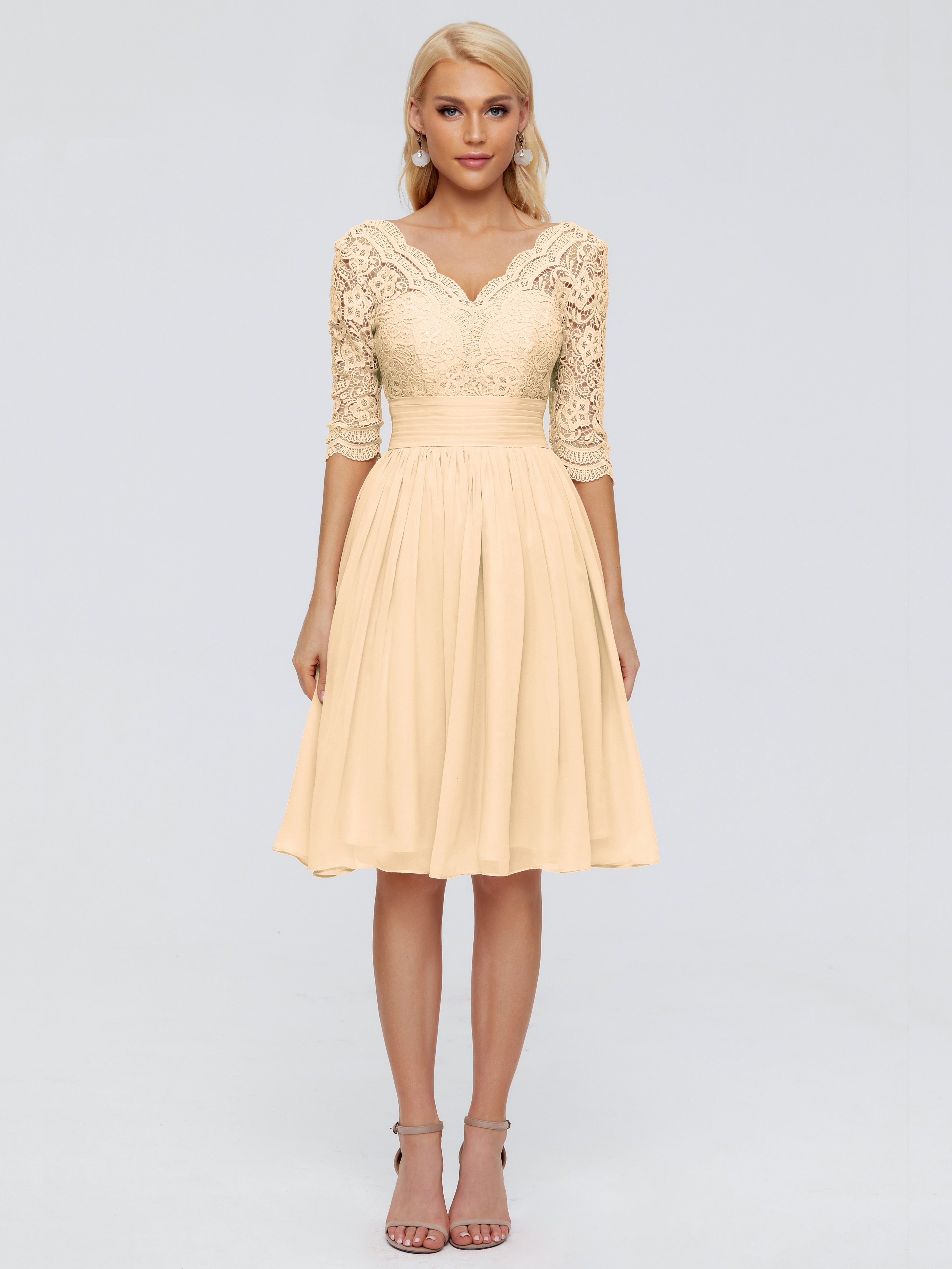 Robe Peche Demoiselle D Honneur Longueur Genou Dentelle Robes Demoiselle D'Honneur