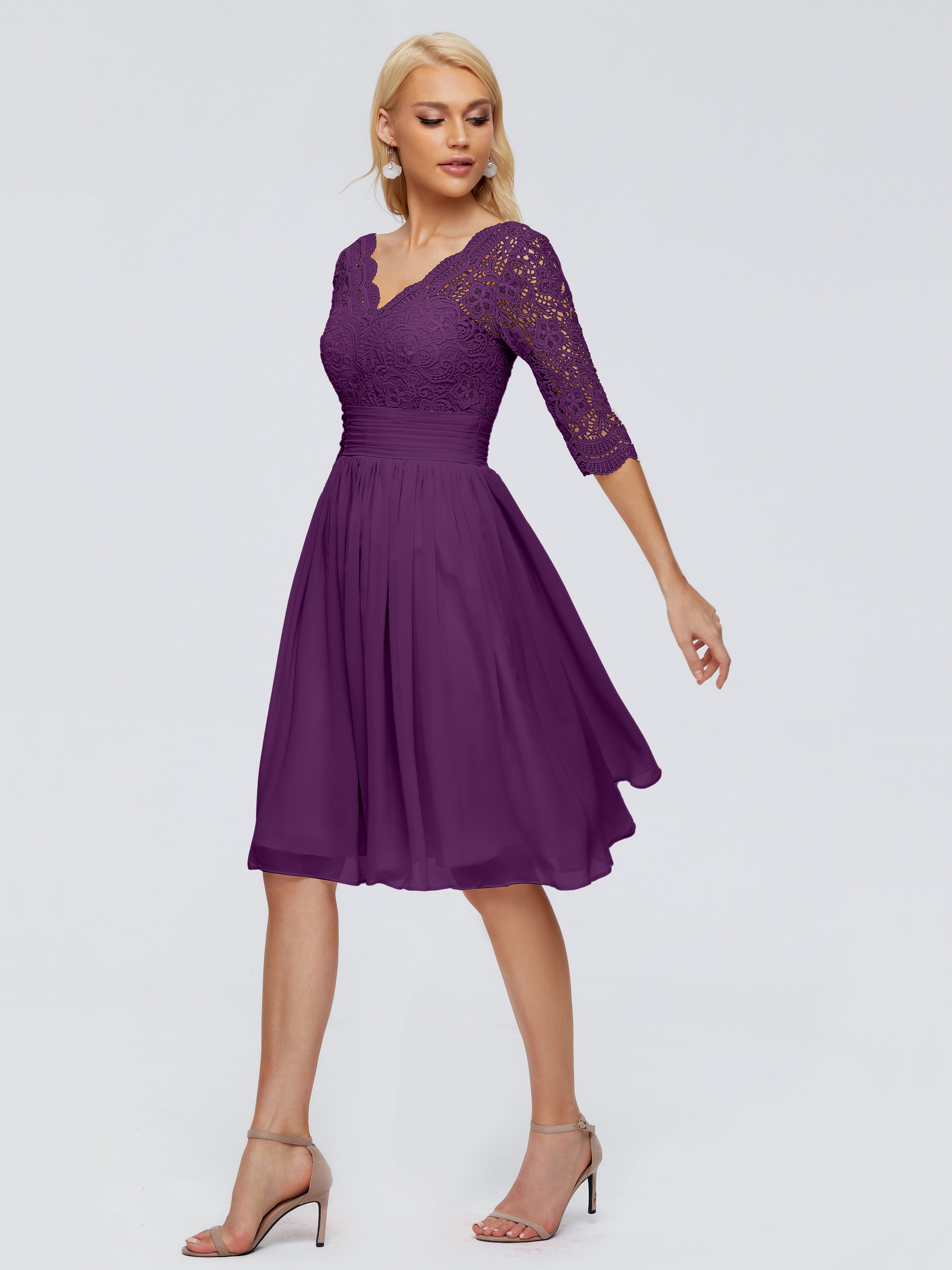 Robes De Demoiselle D'Honneur En Raisin Longueur Genou Dentelle Robes Demoiselle D'Honneur