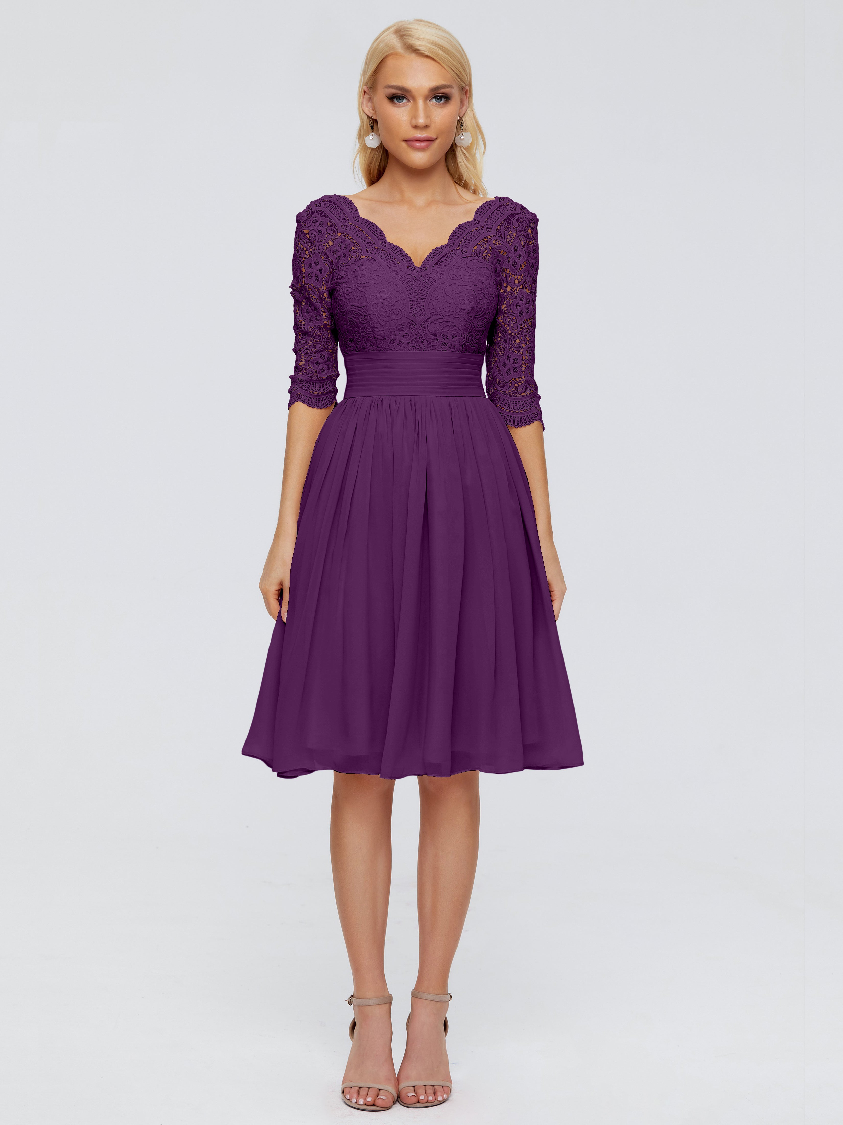 Robes De Demoiselle D'Honneur En Raisin Longueur Genou Dentelle Robes Demoiselle D'Honneur