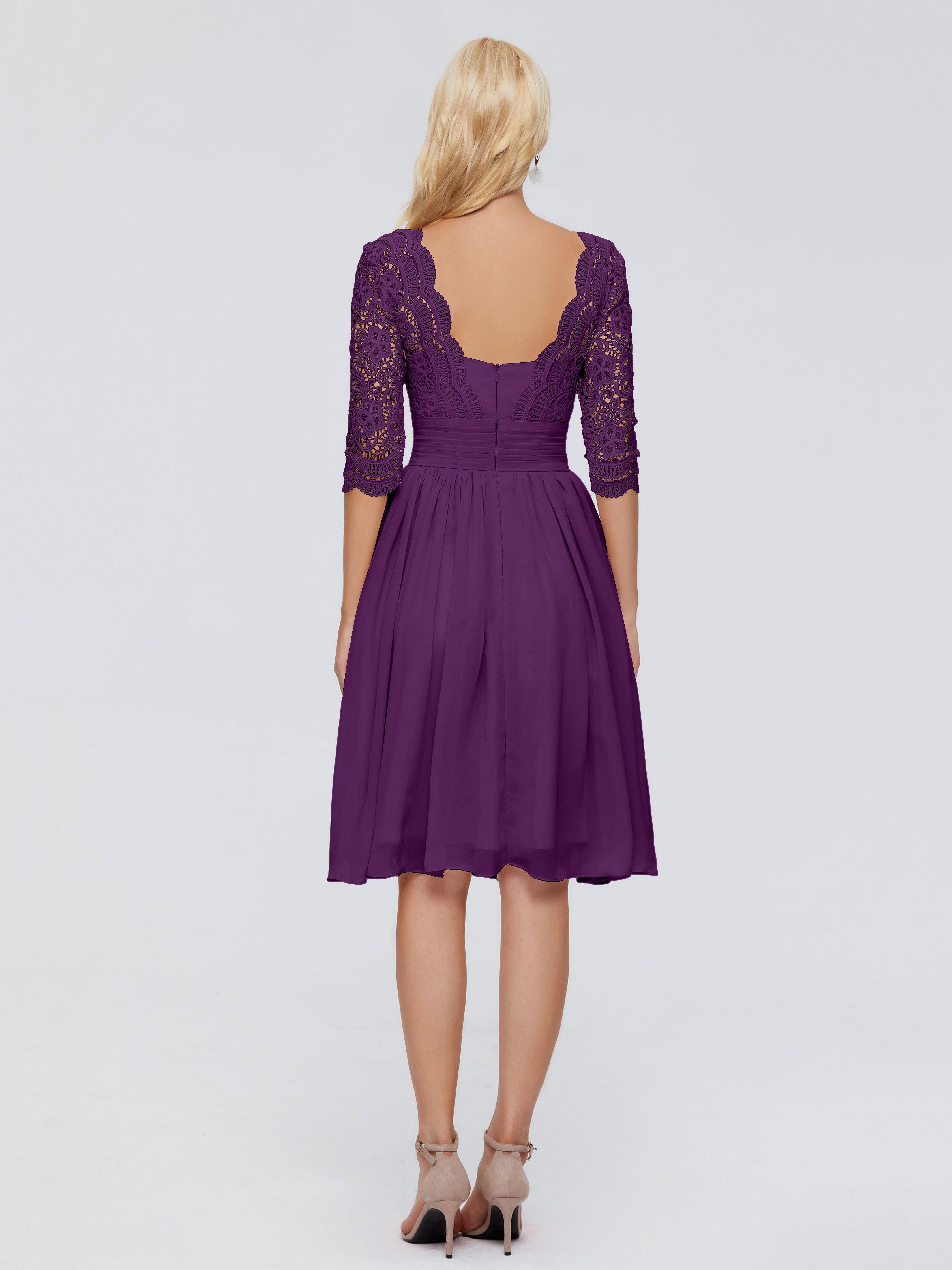 Robes De Demoiselle D'Honneur En Raisin Longueur Genou Dentelle Robes Demoiselle D'Honneur