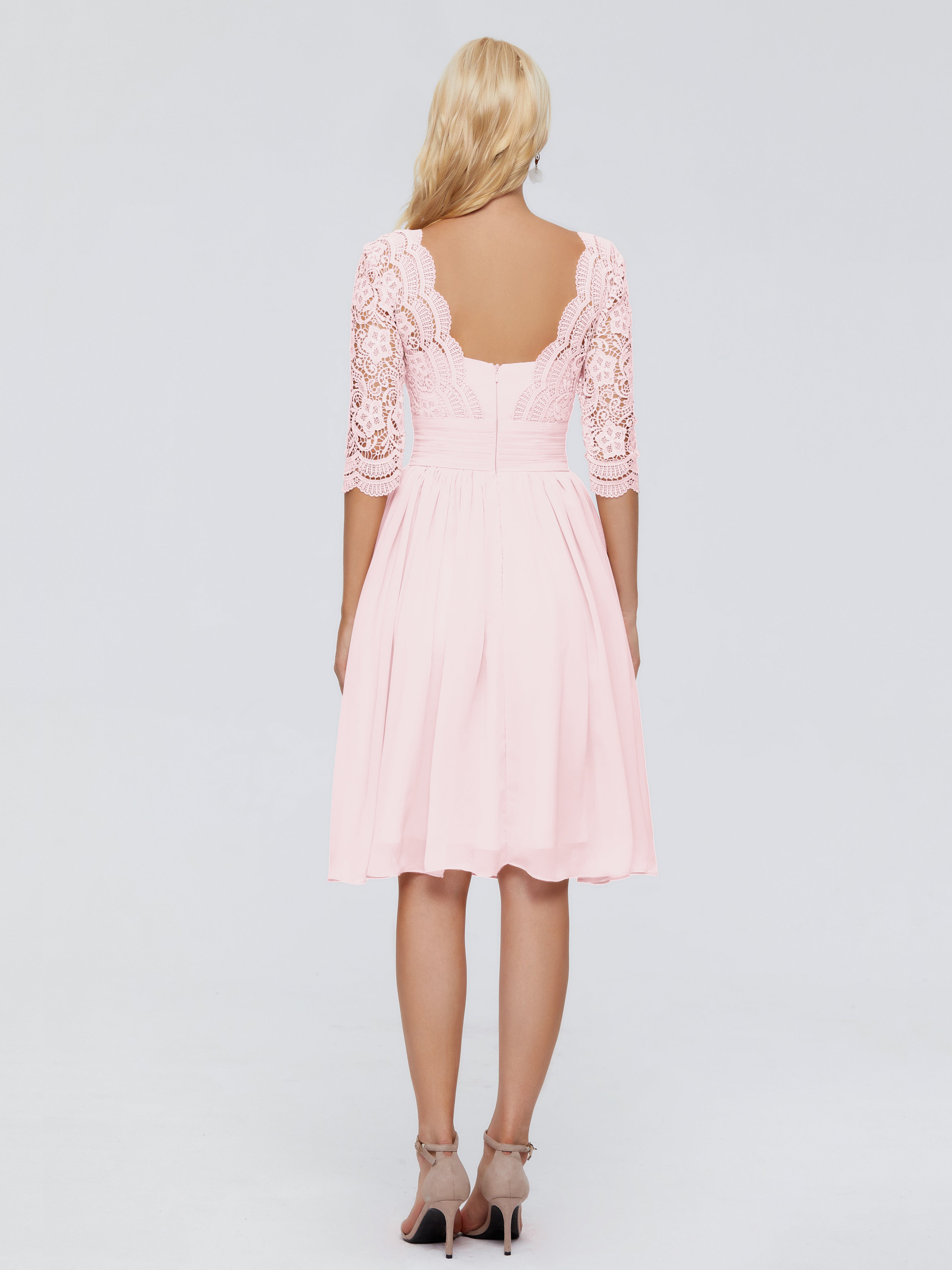Robe De Demoiselle D Honneur Rose Pale Longueur Genou Dentelle Robes Demoiselle D'Honneur