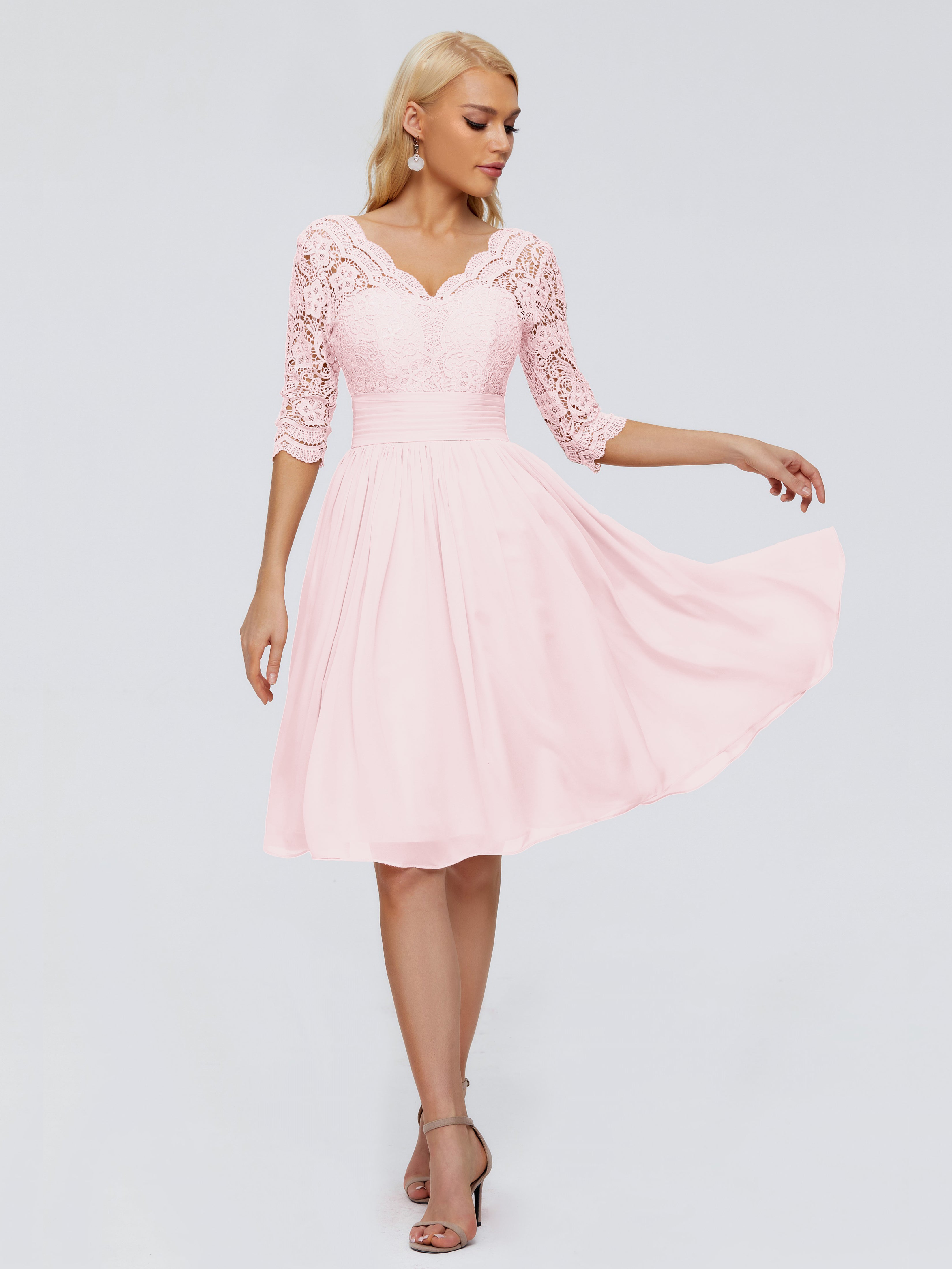 Robe De Demoiselle D Honneur Rose Pale Longueur Genou Dentelle Robes Demoiselle D'Honneur