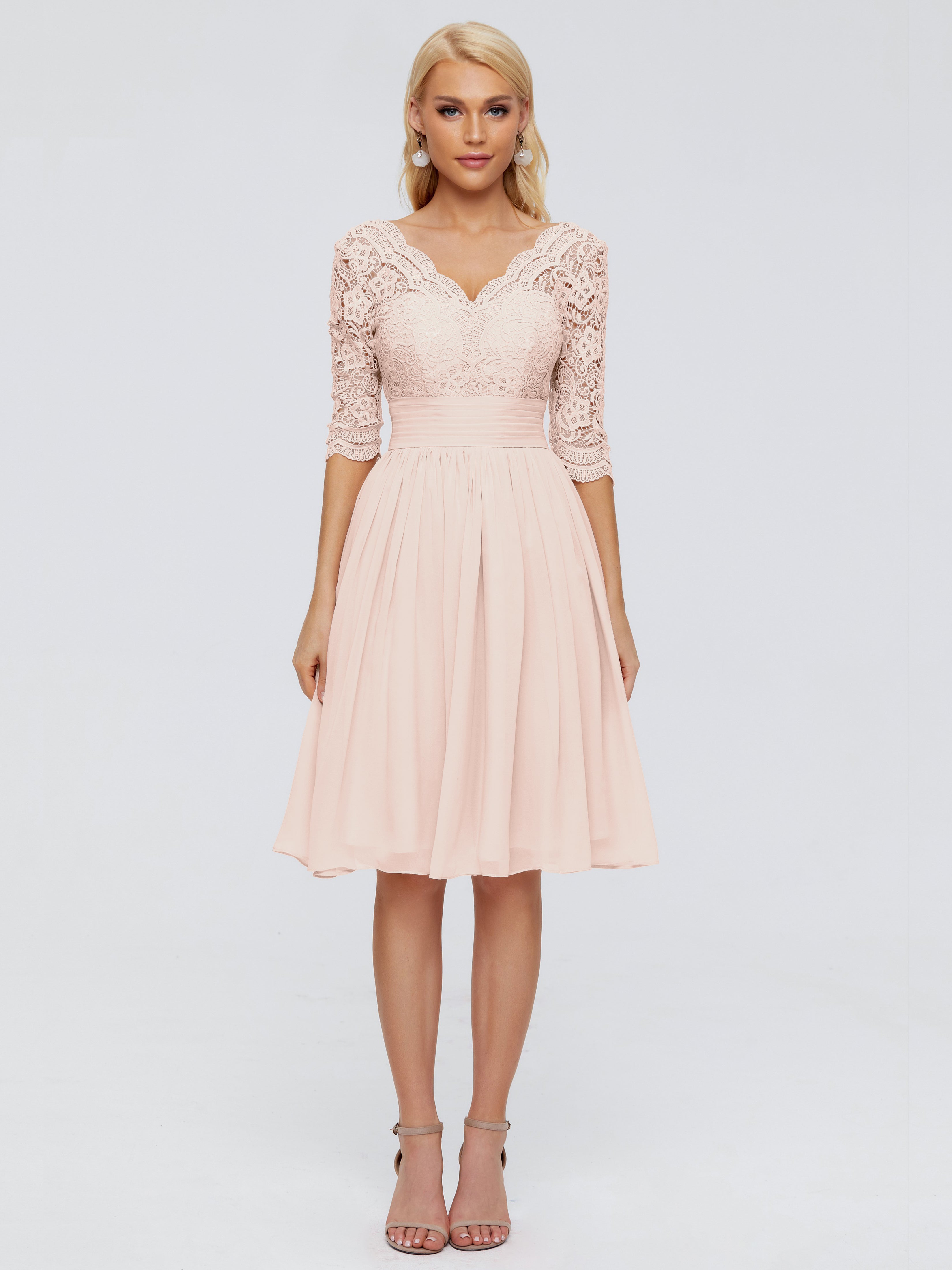 Robe Demoiselle D Honneur Rose Perle Longueur Genou Dentelle Robes Demoiselle D'Honneur