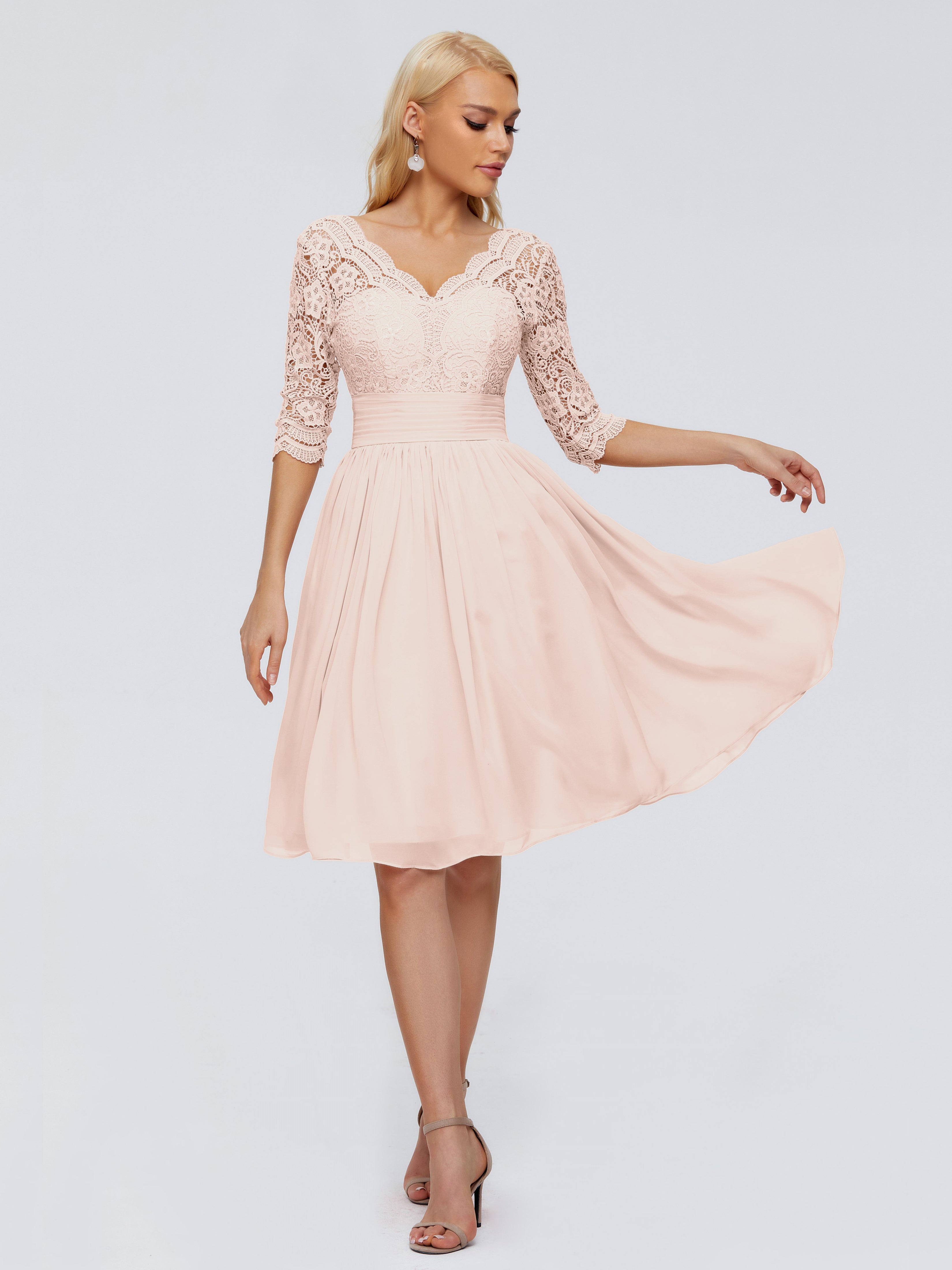 Robe Demoiselle D Honneur Rose Perle Longueur Genou Dentelle Robes Demoiselle D'Honneur