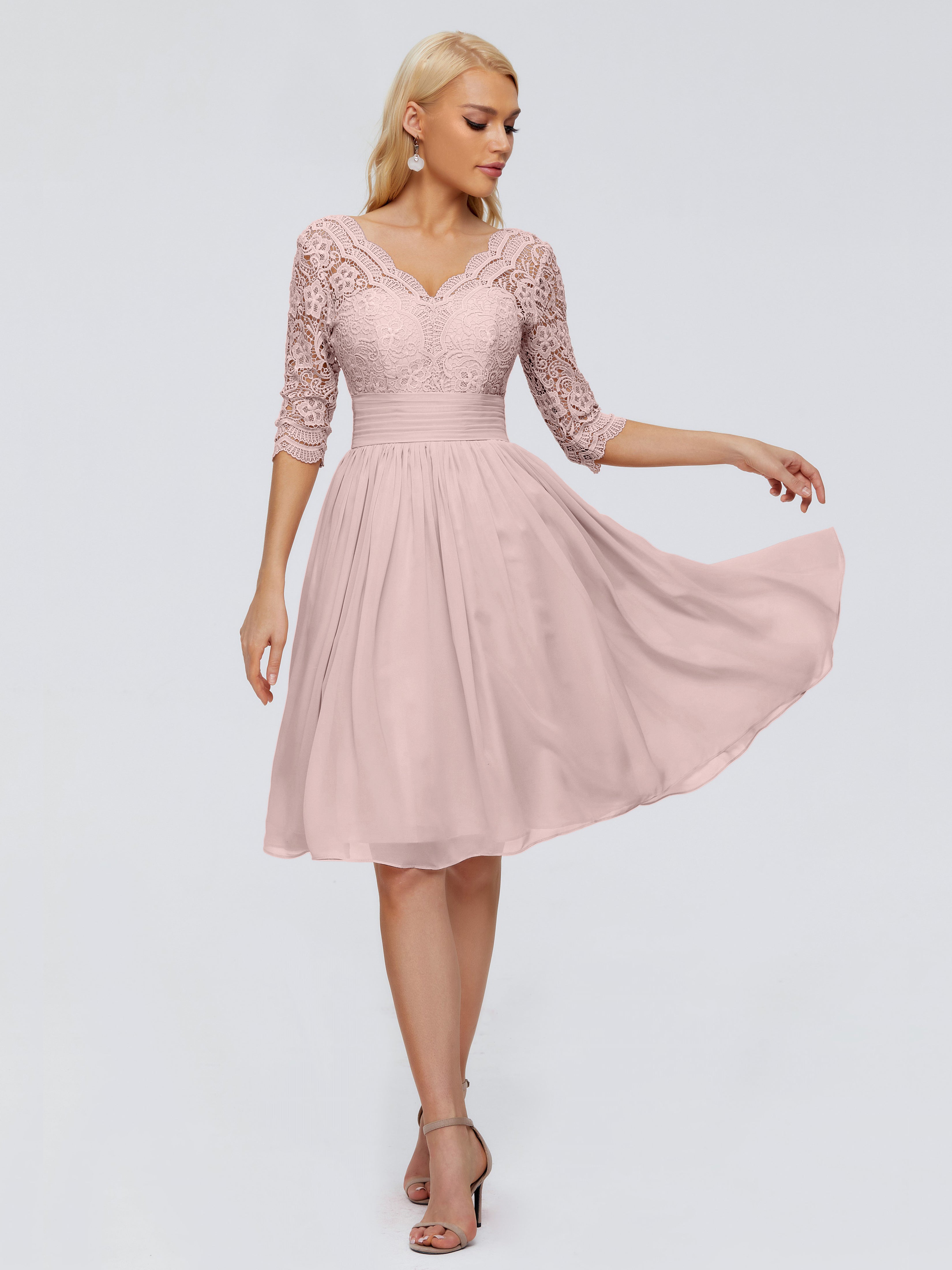 Robe Rose Poudré Mariage Courte Longueur Genou Dentelle Robes Demoiselle D'Honneur
