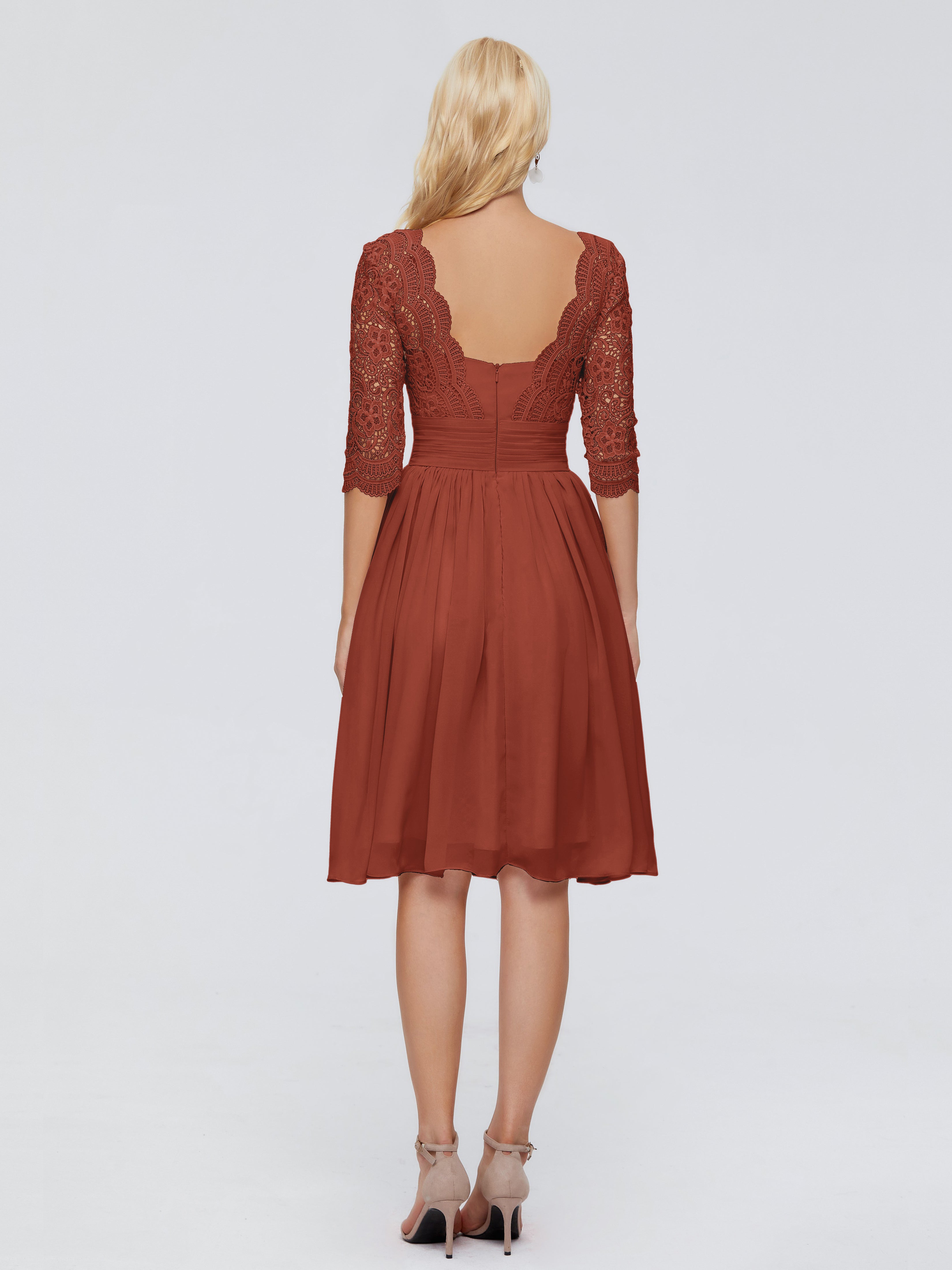 Longues Robes De Demoiselle D'Honneur De Rouille Longueur Genou Dentelle Robes Demoiselle D'Honneur