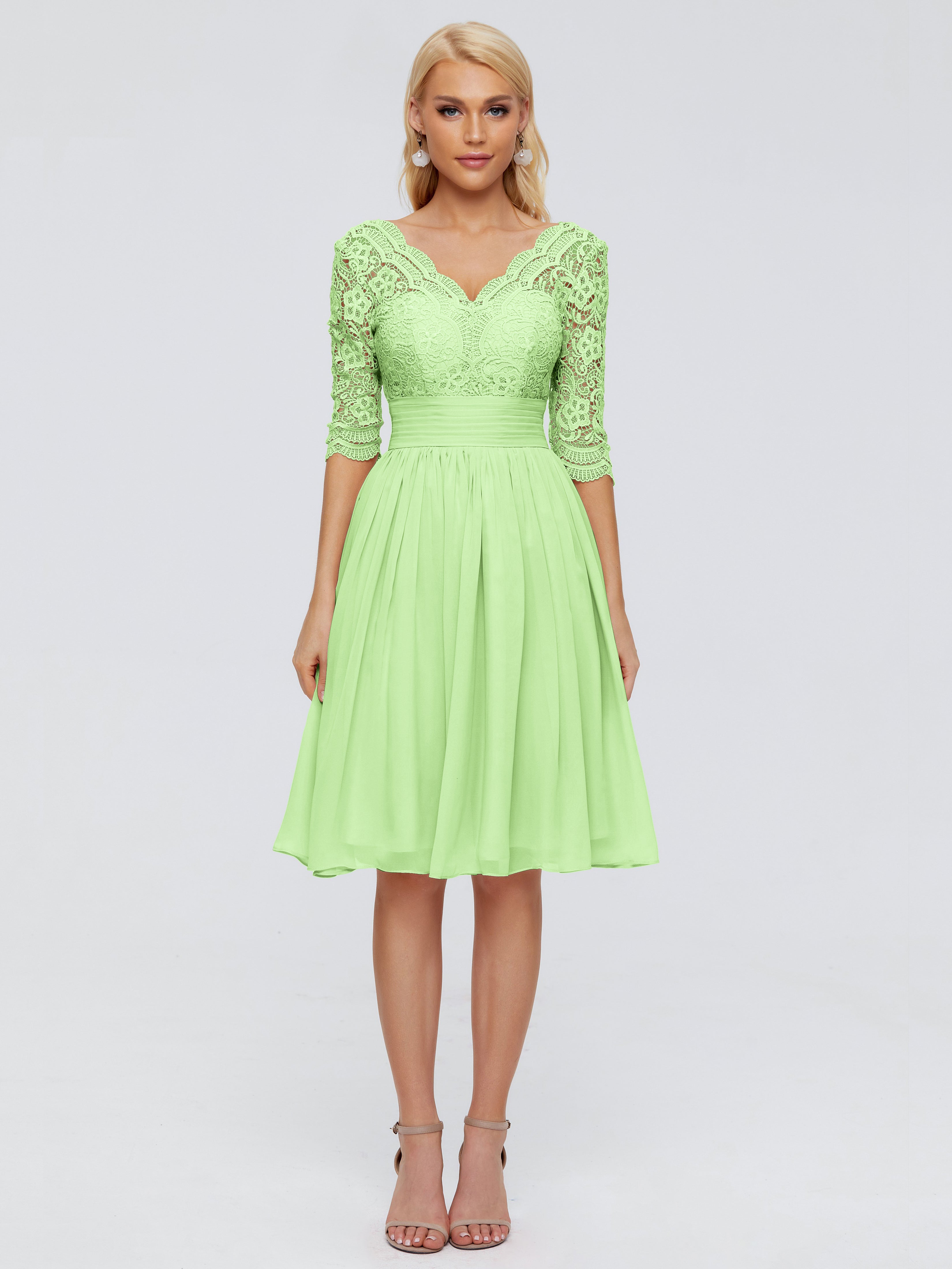 Robe Vert Sauge Demoiselle D Honneur Longueur Genou Dentelle Robes Demoiselle D'Honneur