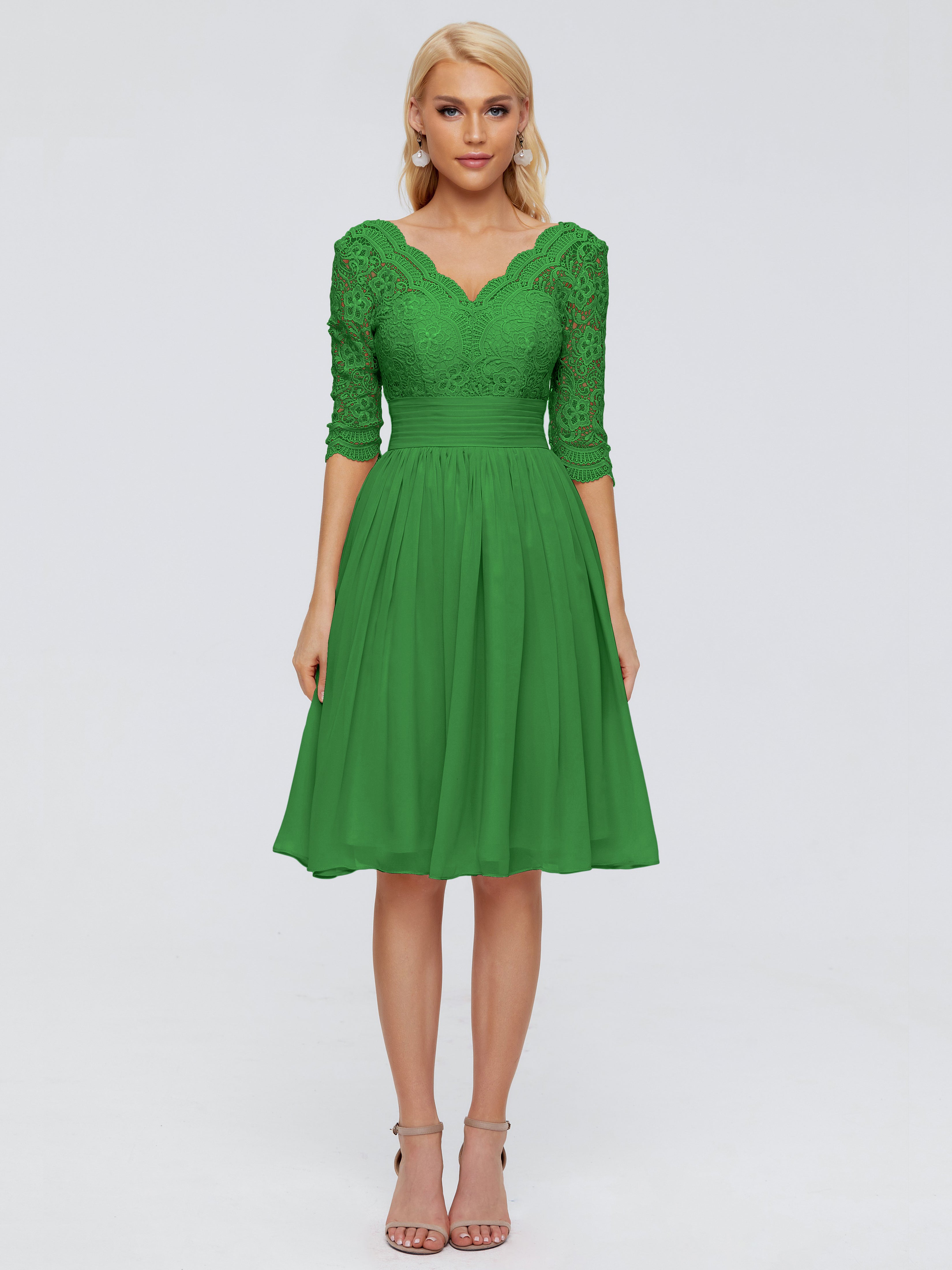 Robe De Demoiselle D'Honneur Verte Longueur Genou Dentelle Robes Demoiselle D'Honneur