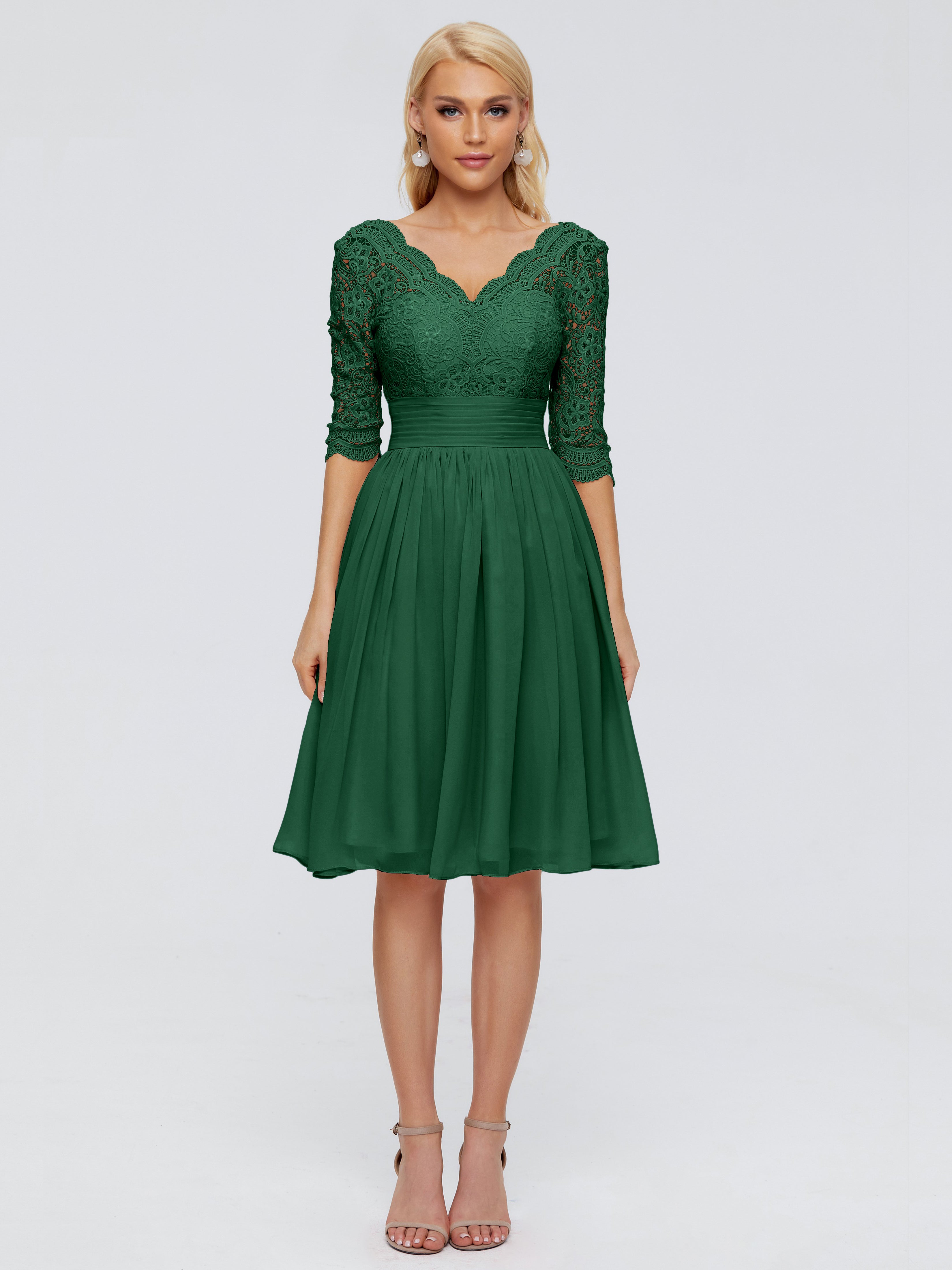 Robe Demoiselle D Honneur Vert Foncé Longueur Genou Dentelle Robes Demoiselle D'Honneur