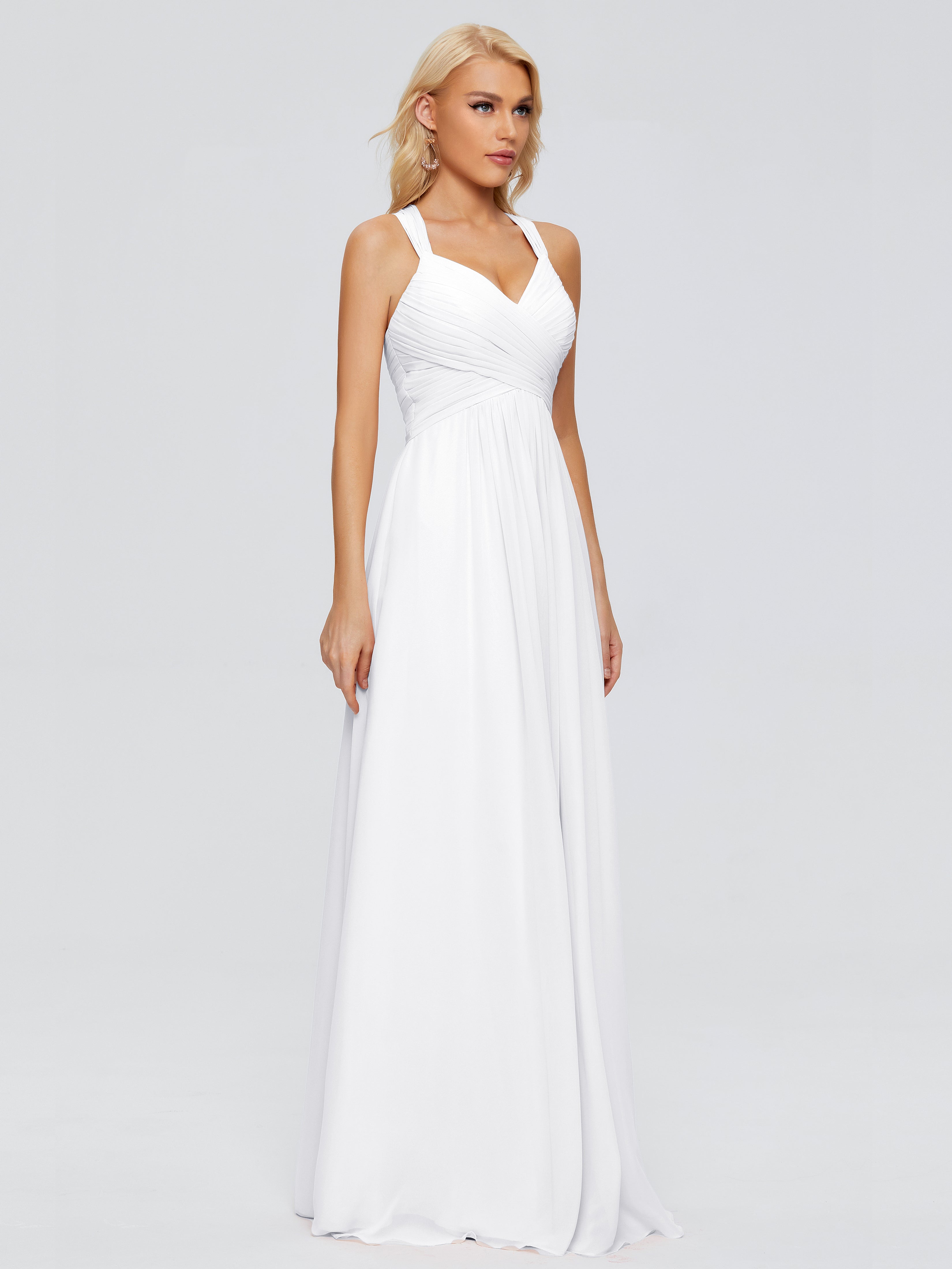 Robe Blanche Demoiselle D Honneur Femme Trapèze Bretelles Croisées Mousseline Robes Demoiselle D'Honneur