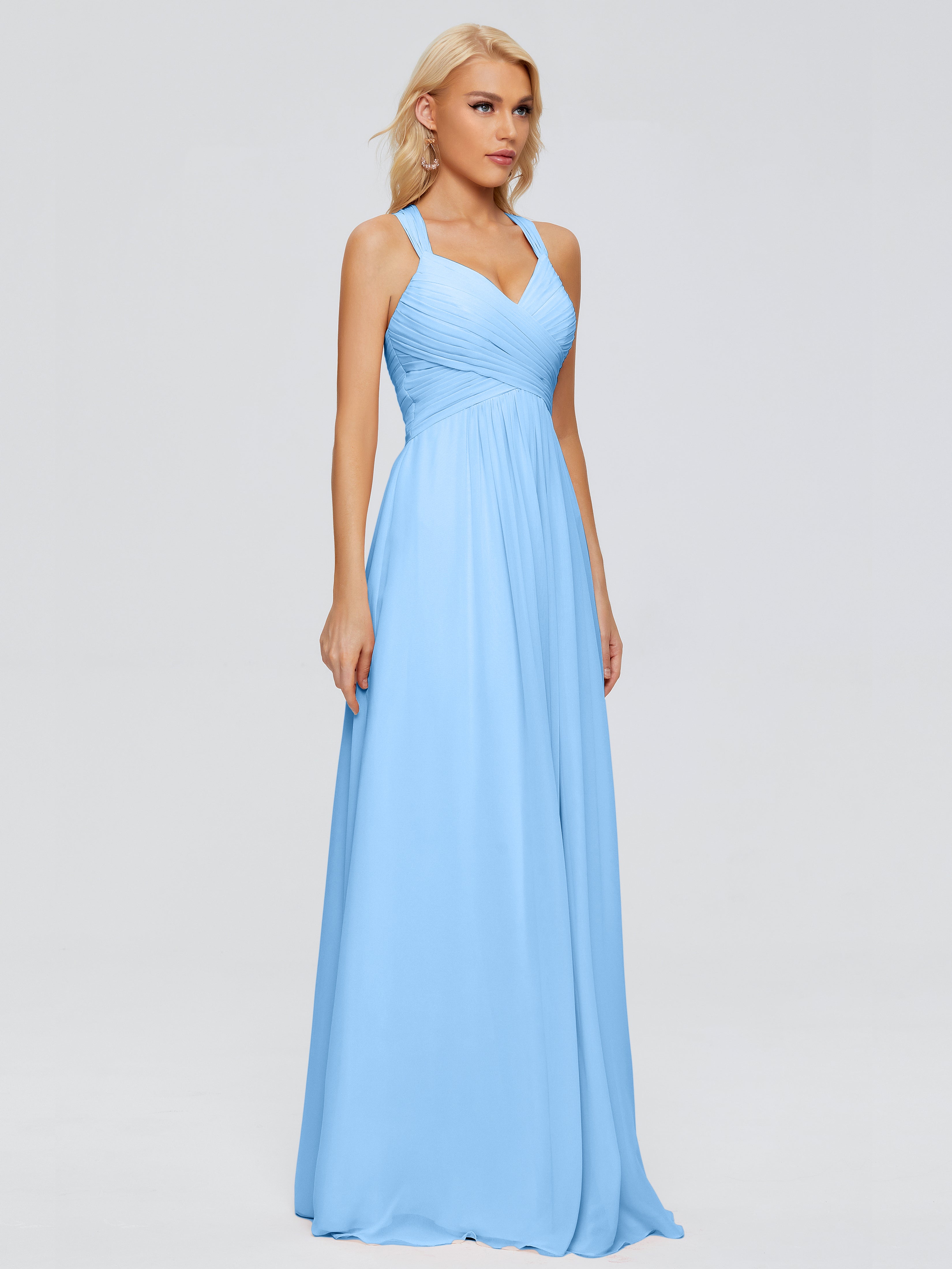 Robes De Demoiselle D'Honneur Bleu Glacial Trapèze Bretelles Croisées Mousseline Robes Demoiselle D'Honneur