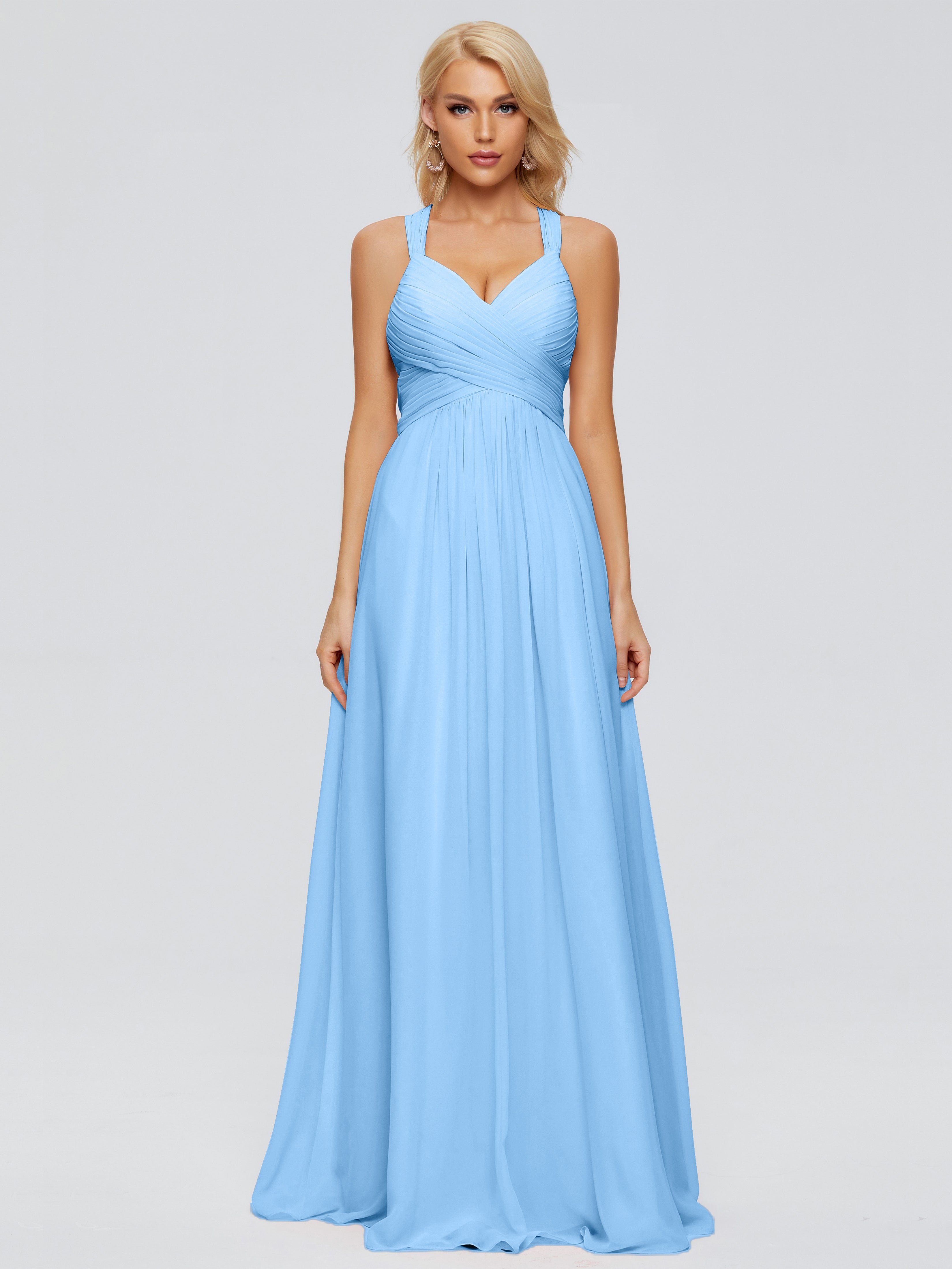 Robes De Demoiselle D'Honneur Bleu Glacial Trapèze Bretelles Croisées Mousseline Robes Demoiselle D'Honneur