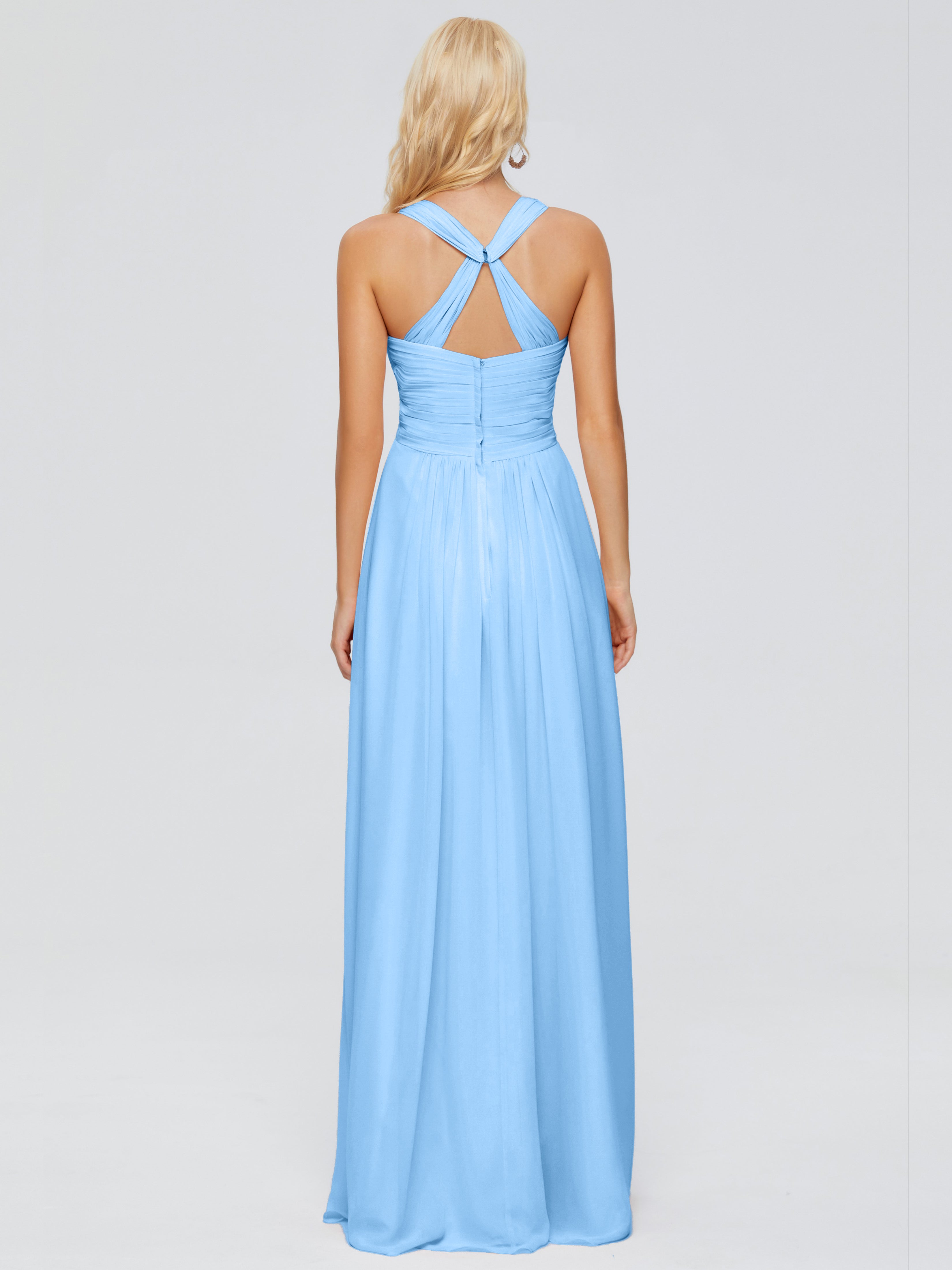 Robes De Demoiselle D'Honneur Bleu Glacial Trapèze Bretelles Croisées Mousseline Robes Demoiselle D'Honneur