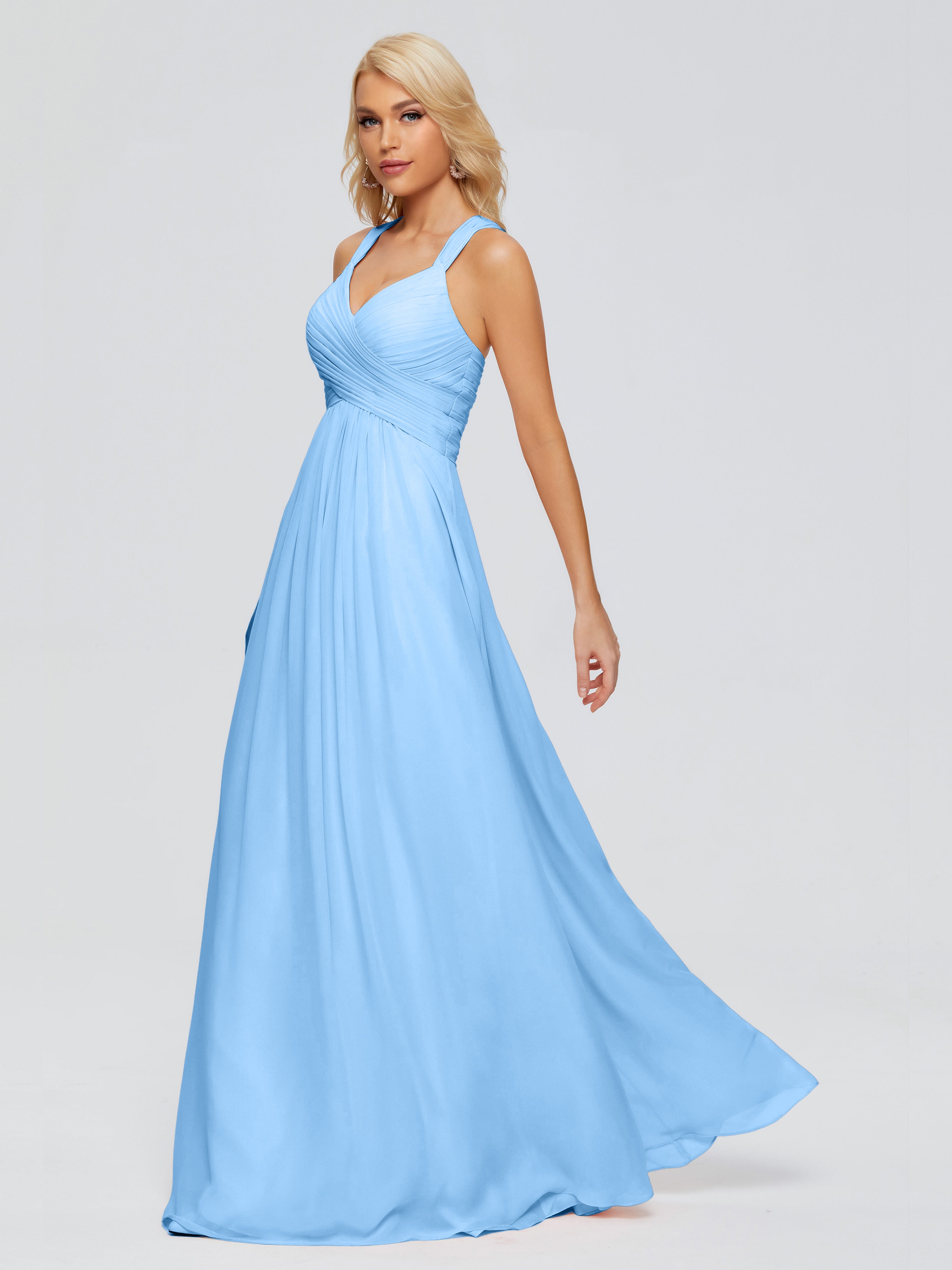 Robes De Demoiselle D'Honneur Bleu Glacial Trapèze Bretelles Croisées Mousseline Robes Demoiselle D'Honneur