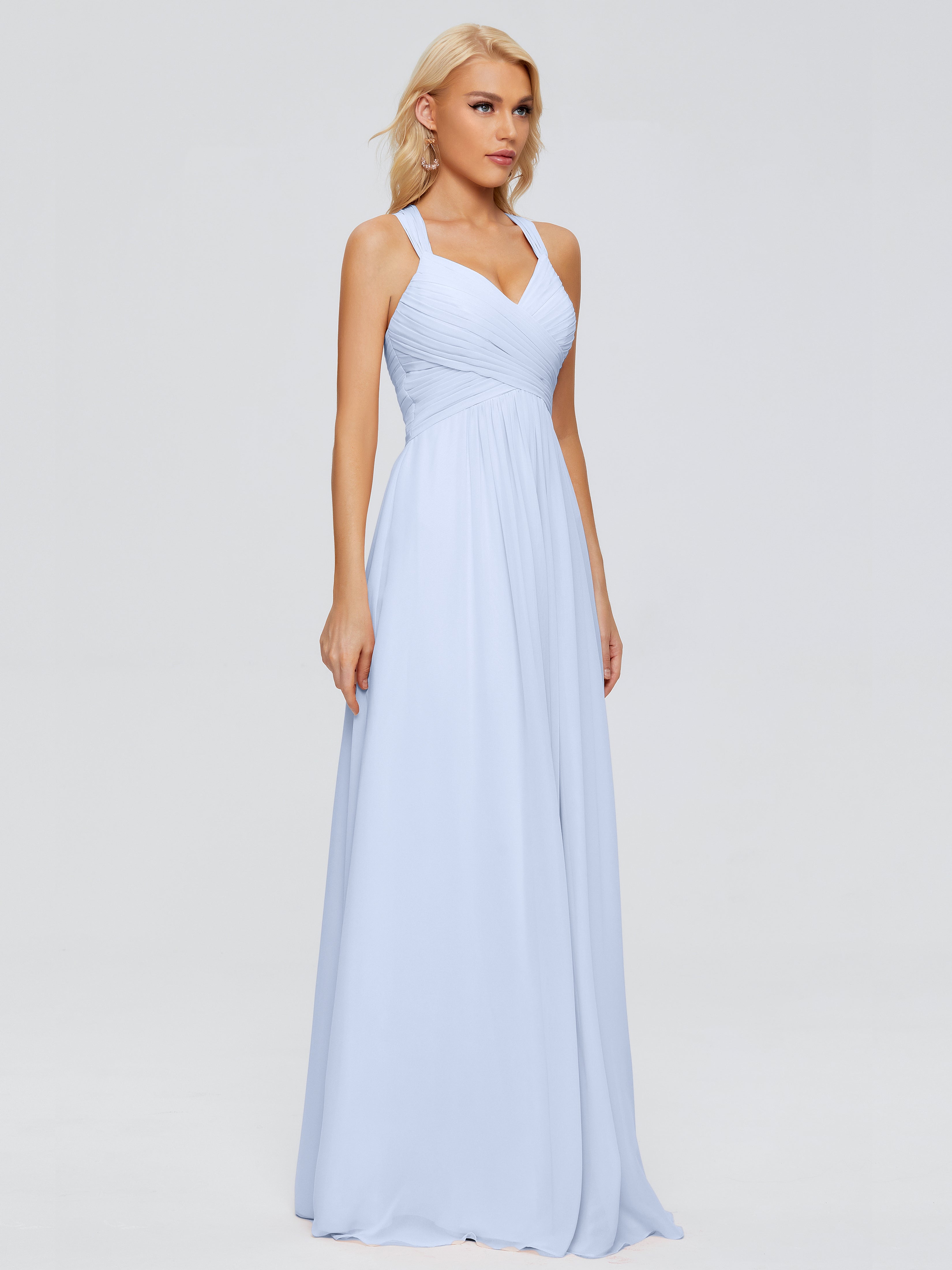 Robe De Demoiselle D Honneur Bleu Ciel Trapèze Bretelles Croisées Mousseline Robes Demoiselle D'Honneur