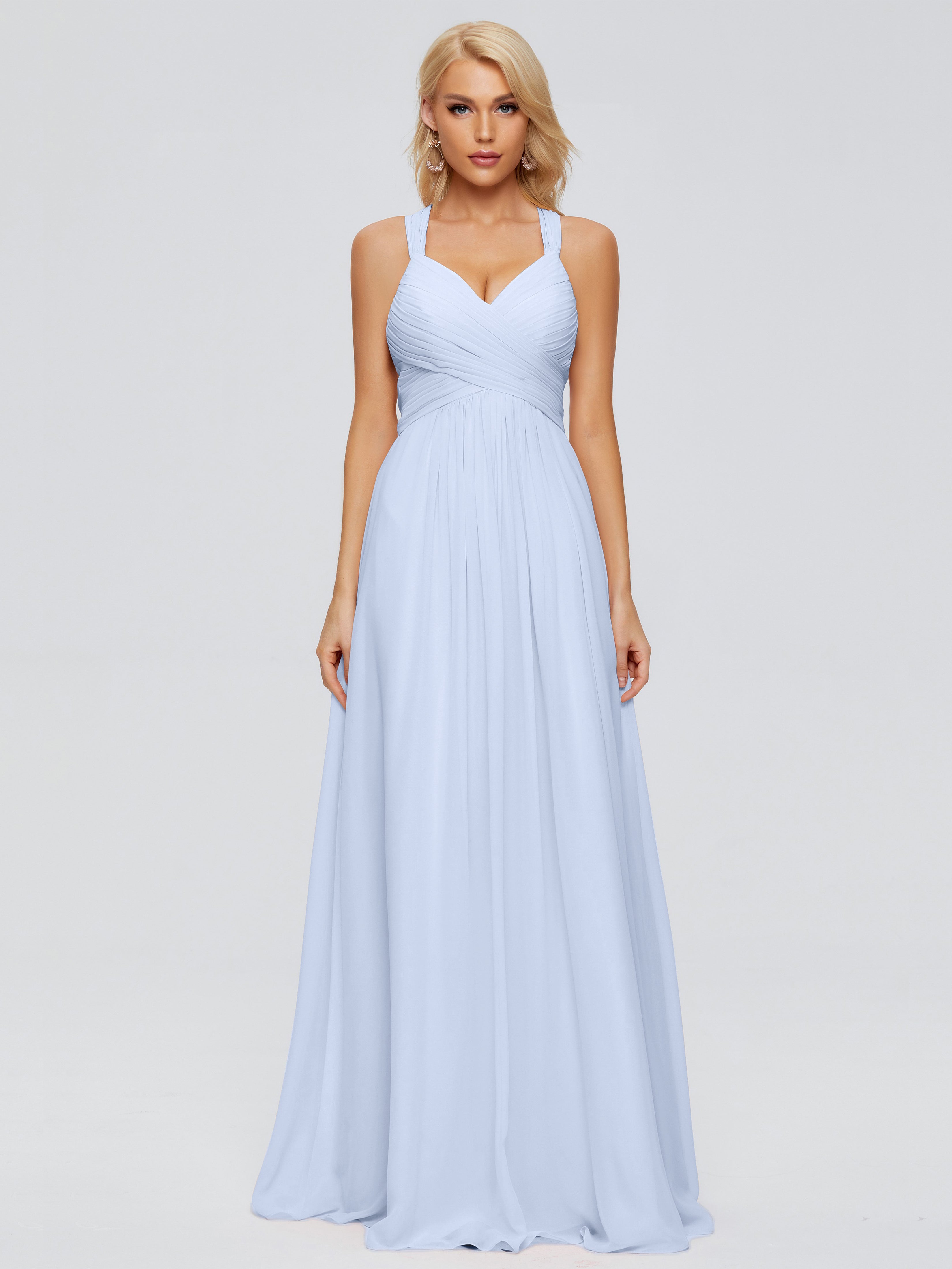 Robe De Demoiselle D Honneur Bleu Ciel Trapèze Bretelles Croisées Mousseline Robes Demoiselle D'Honneur