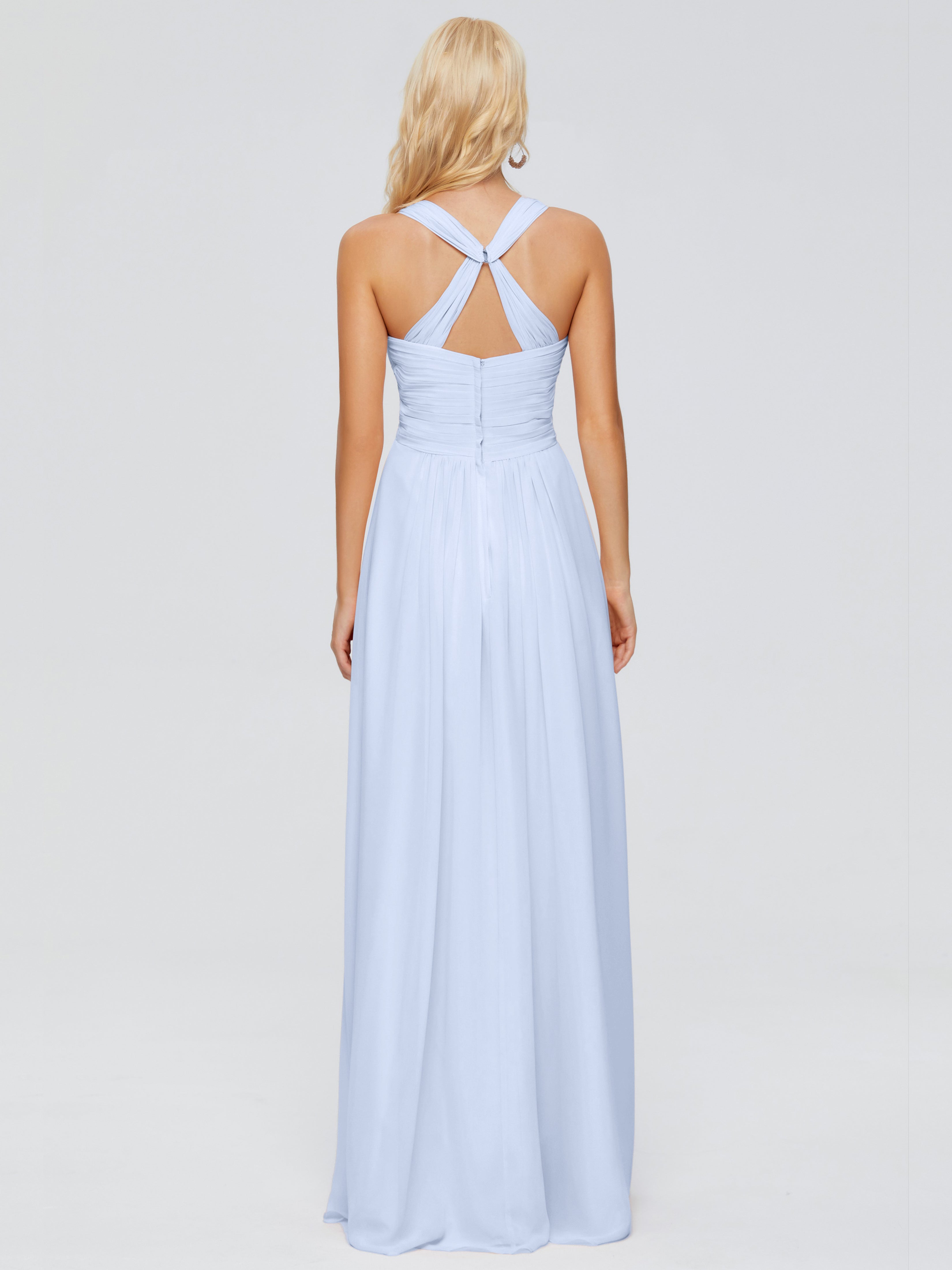Robe De Demoiselle D Honneur Bleu Ciel Trapèze Bretelles Croisées Mousseline Robes Demoiselle D'Honneur