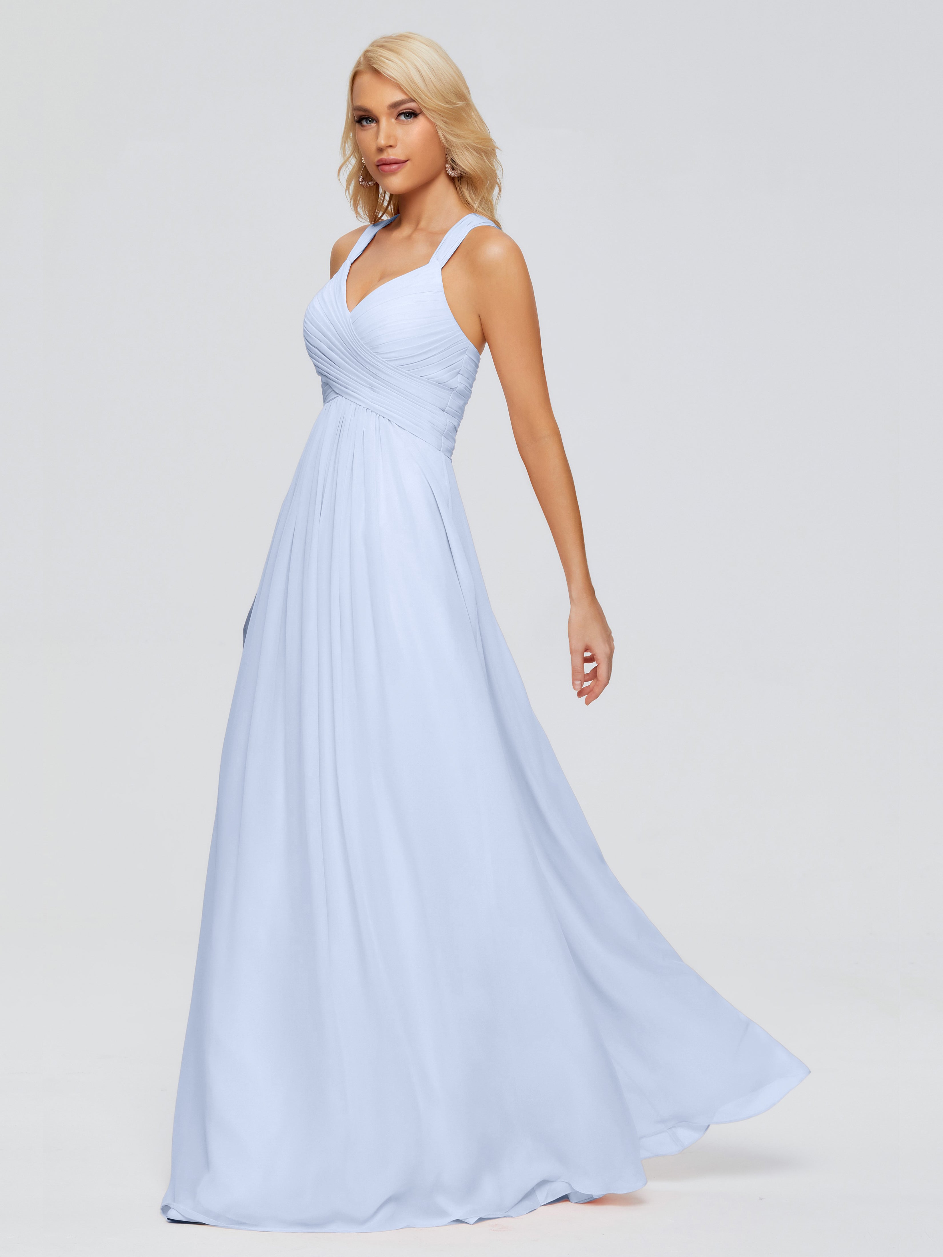 Robe De Demoiselle D Honneur Bleu Ciel Trapèze Bretelles Croisées Mousseline Robes Demoiselle D'Honneur