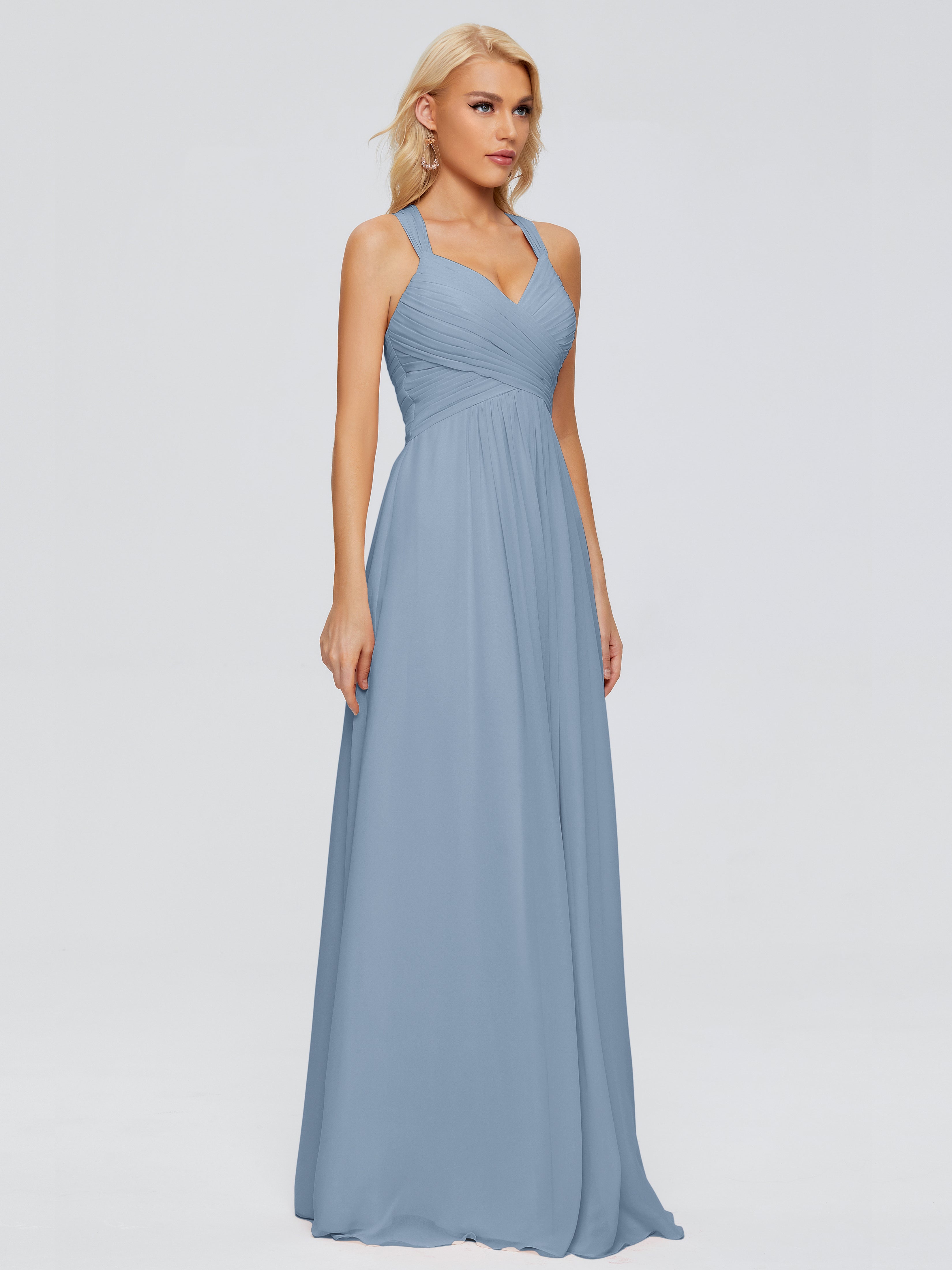 Robes De Demoiselle D'Honneur Bleu De Schiste Trapèze Bretelles Croisées Mousseline Robes Demoiselle D'Honneur