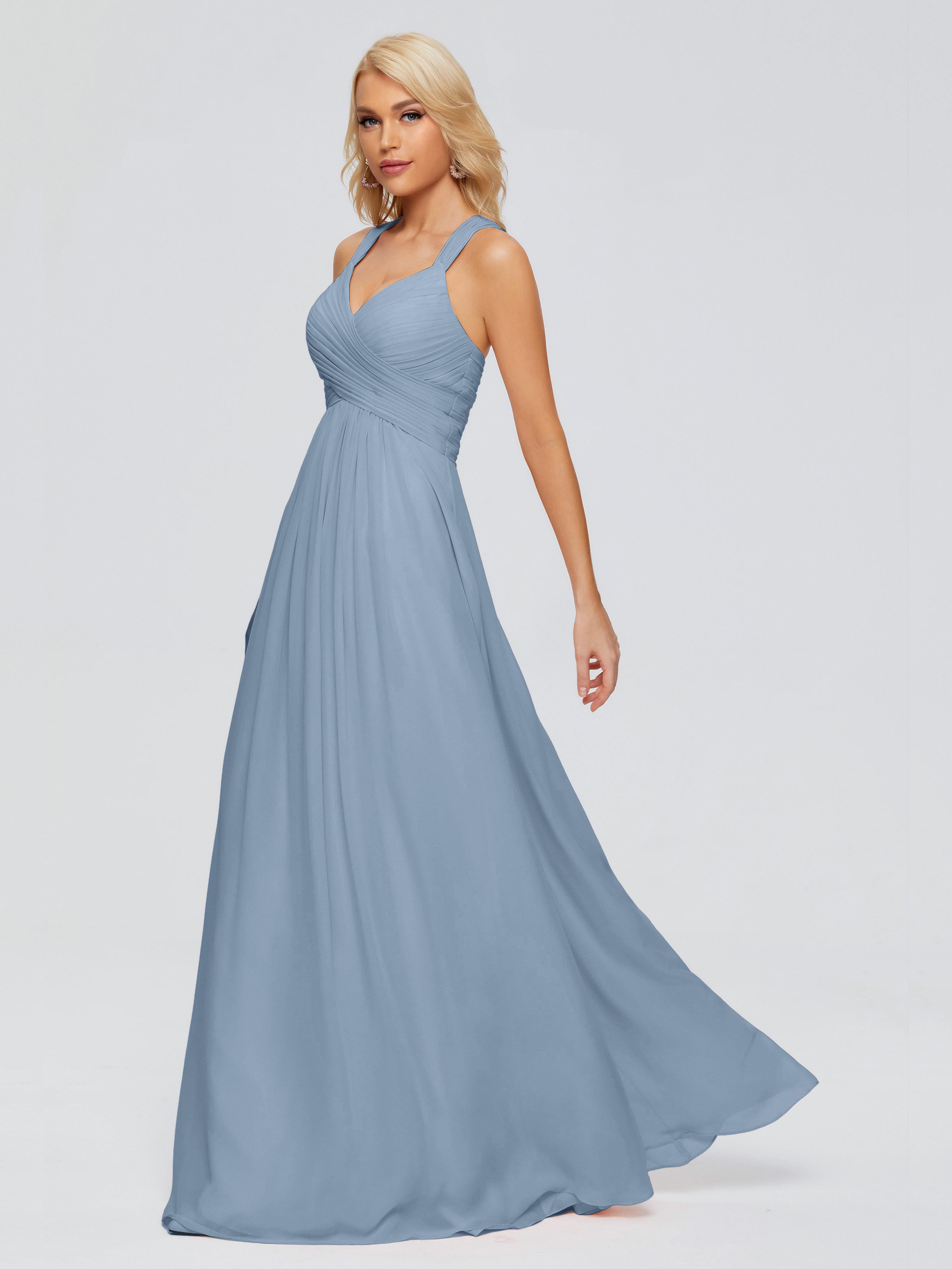 Robes De Demoiselle D'Honneur Bleu De Schiste Trapèze Bretelles Croisées Mousseline Robes Demoiselle D'Honneur