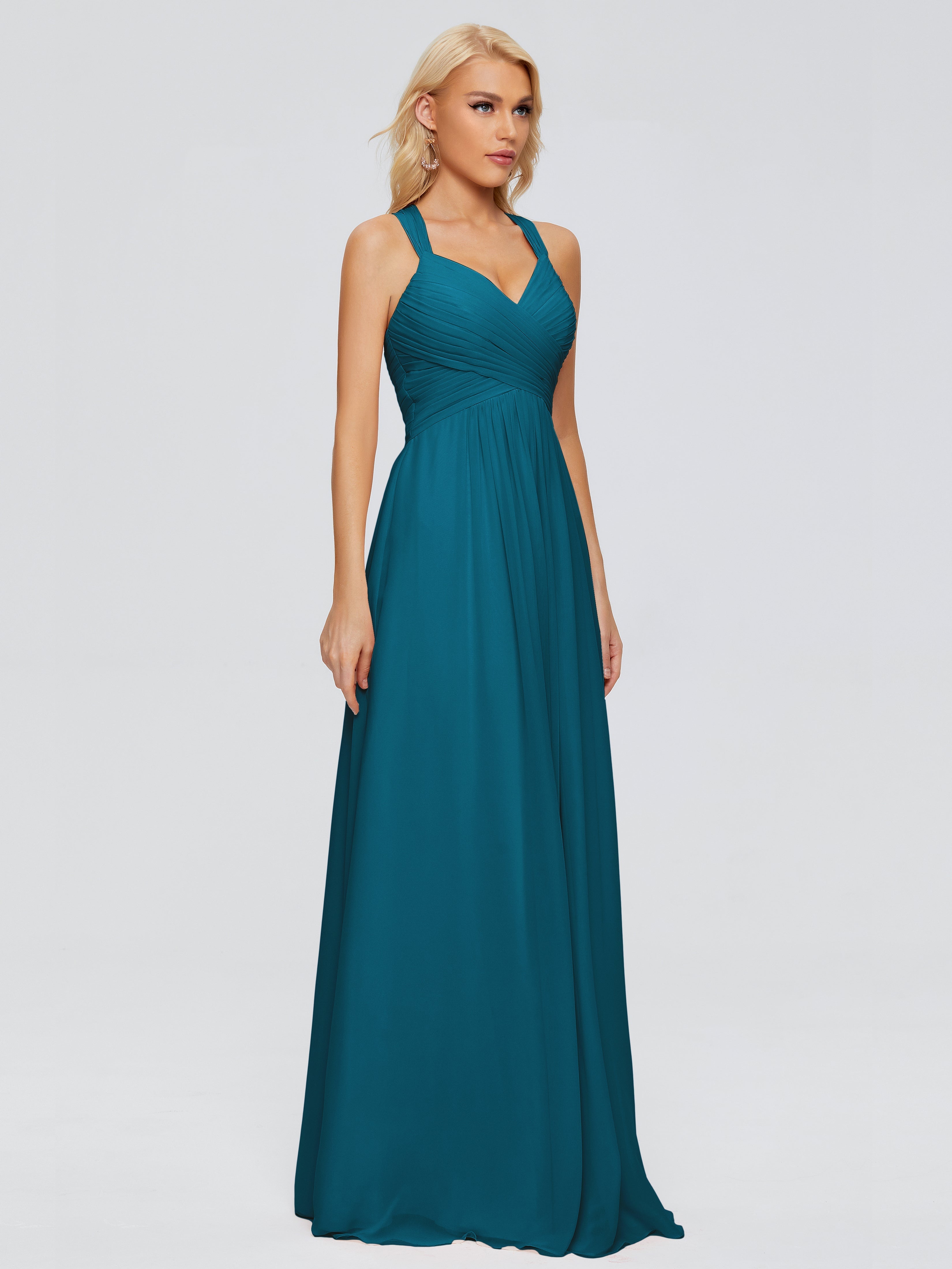 Robe De Demoiselle D'Honneur Bleu Encre Trapèze Bretelles Croisées Mousseline Robes Demoiselle D'Honneur