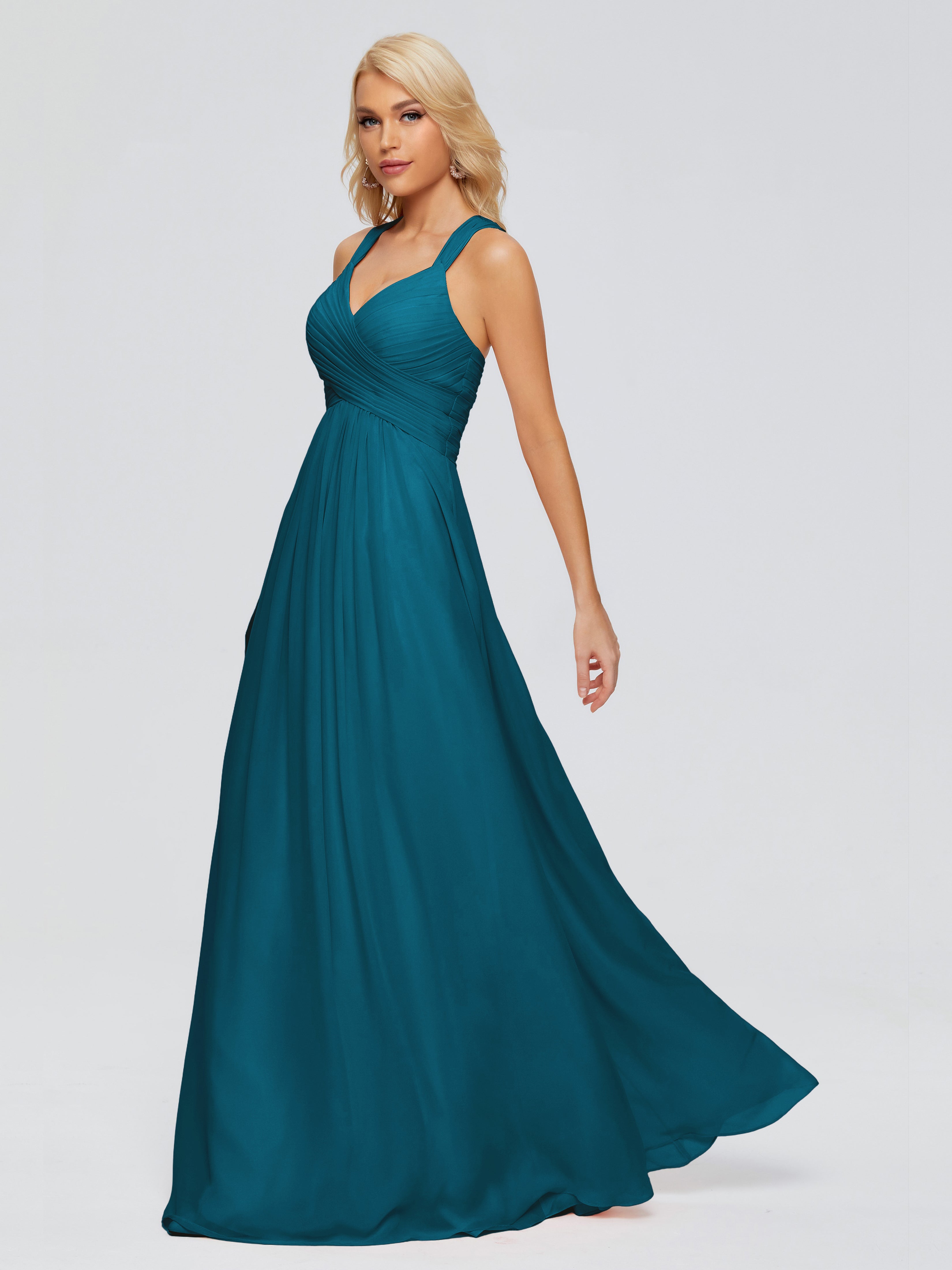 Robe De Demoiselle D'Honneur Bleu Encre Trapèze Bretelles Croisées Mousseline Robes Demoiselle D'Honneur