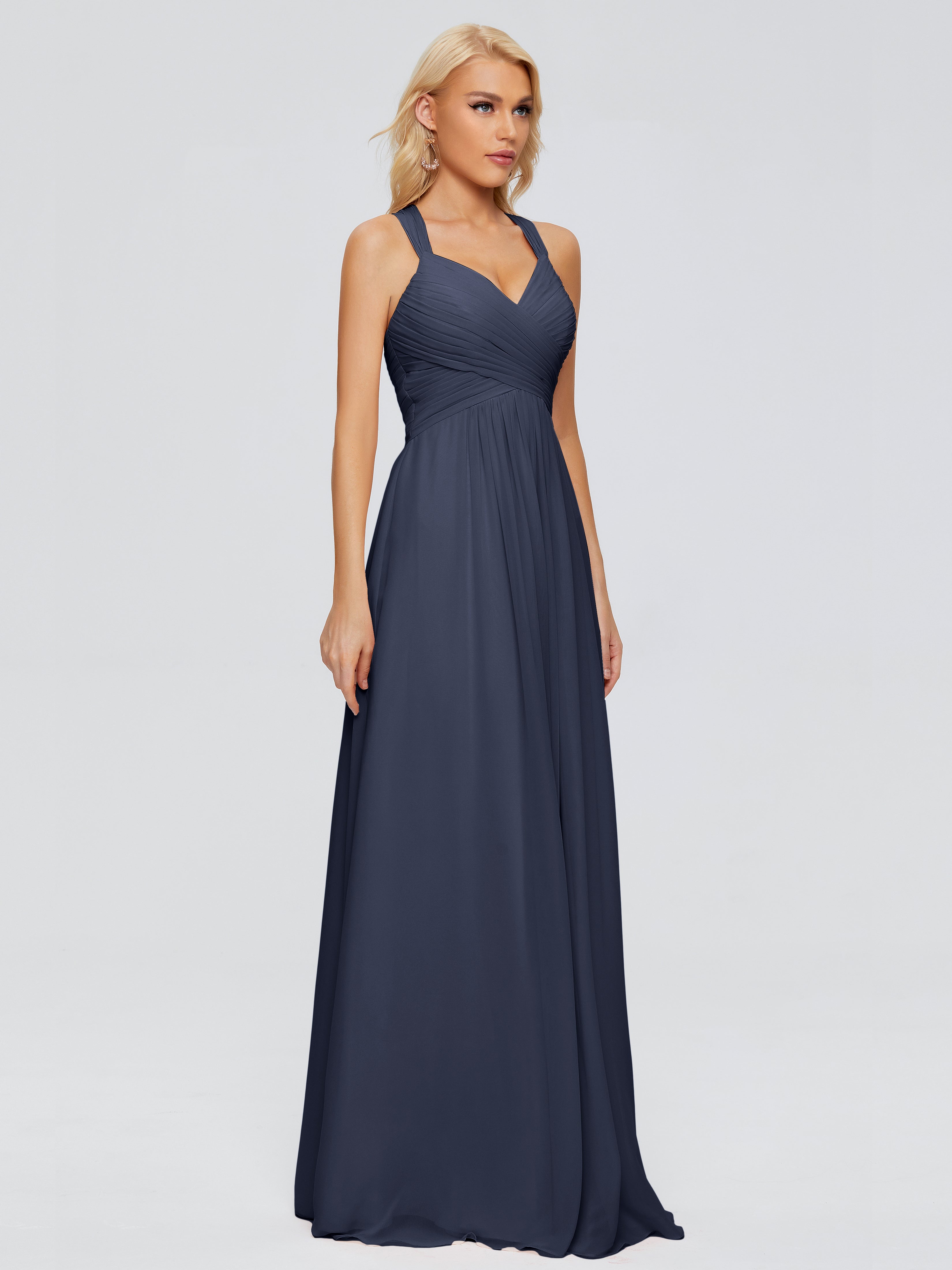 Robe Demoiselle D Honneur Bleu Marine Trapèze Bretelles Croisées Mousseline Robes Demoiselle D'Honneur