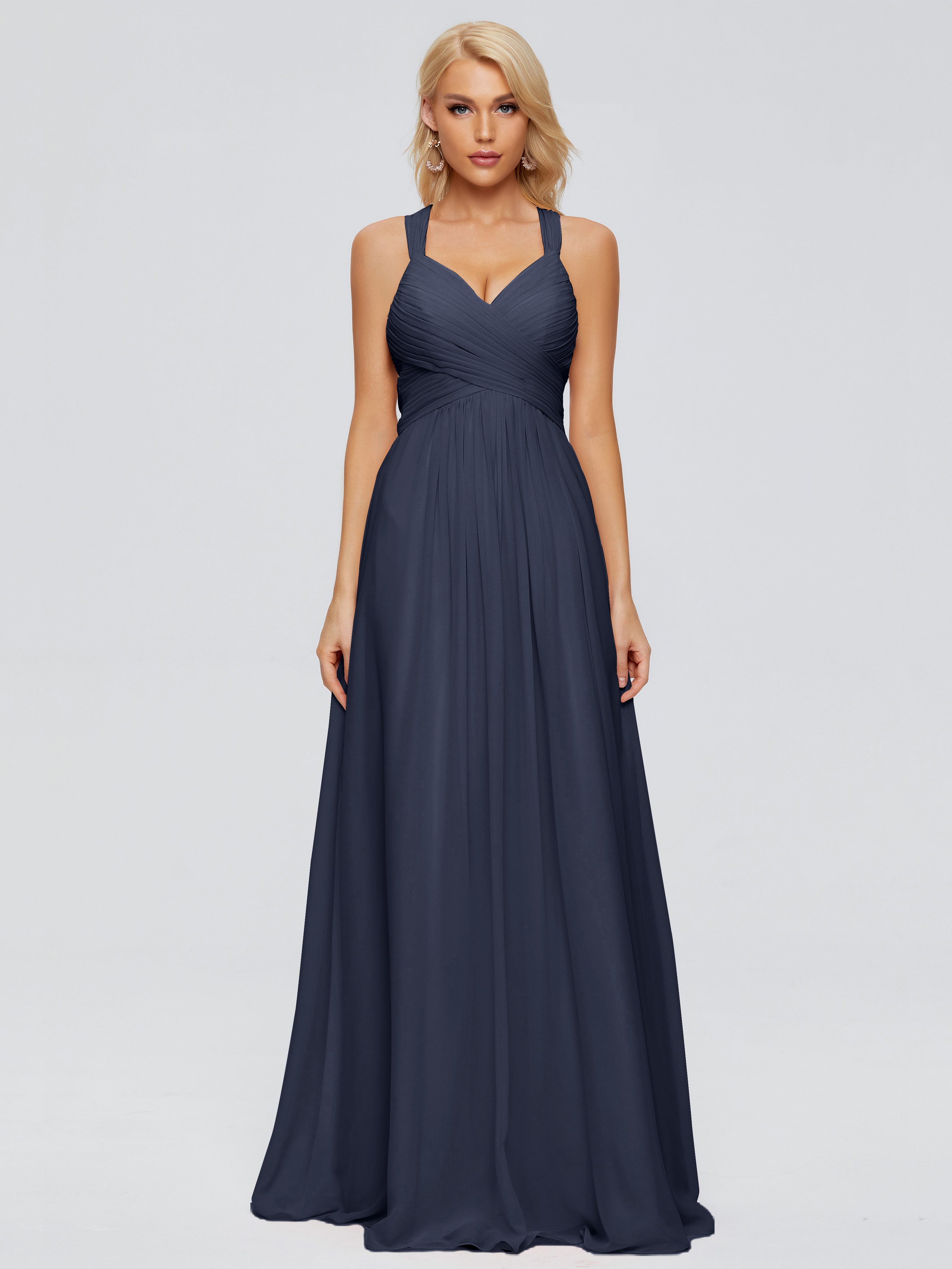 Robe Demoiselle D Honneur Bleu Marine Trapèze Bretelles Croisées Mousseline Robes Demoiselle D'Honneur