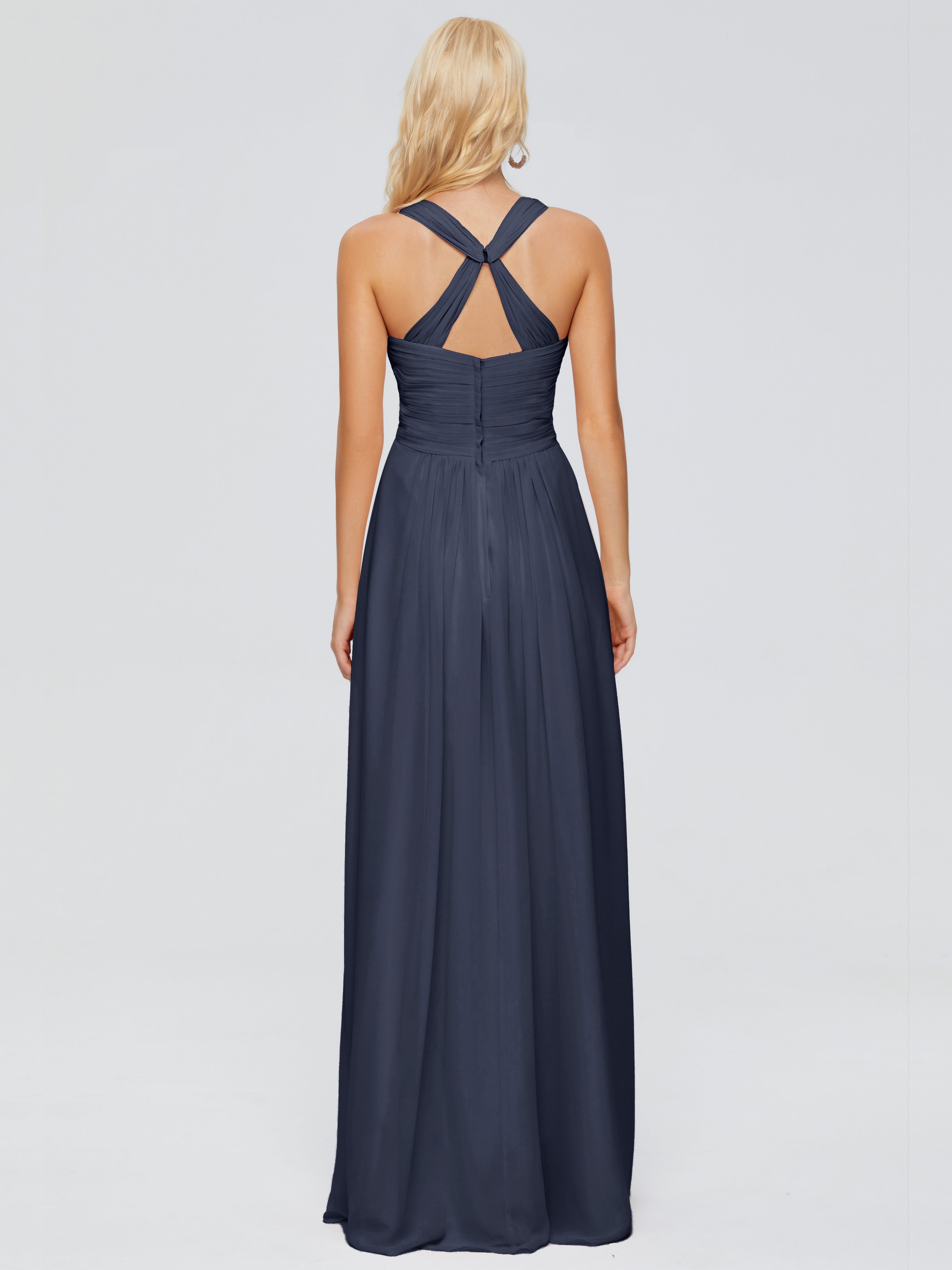 Robe Demoiselle D Honneur Bleu Marine Trapèze Bretelles Croisées Mousseline Robes Demoiselle D'Honneur