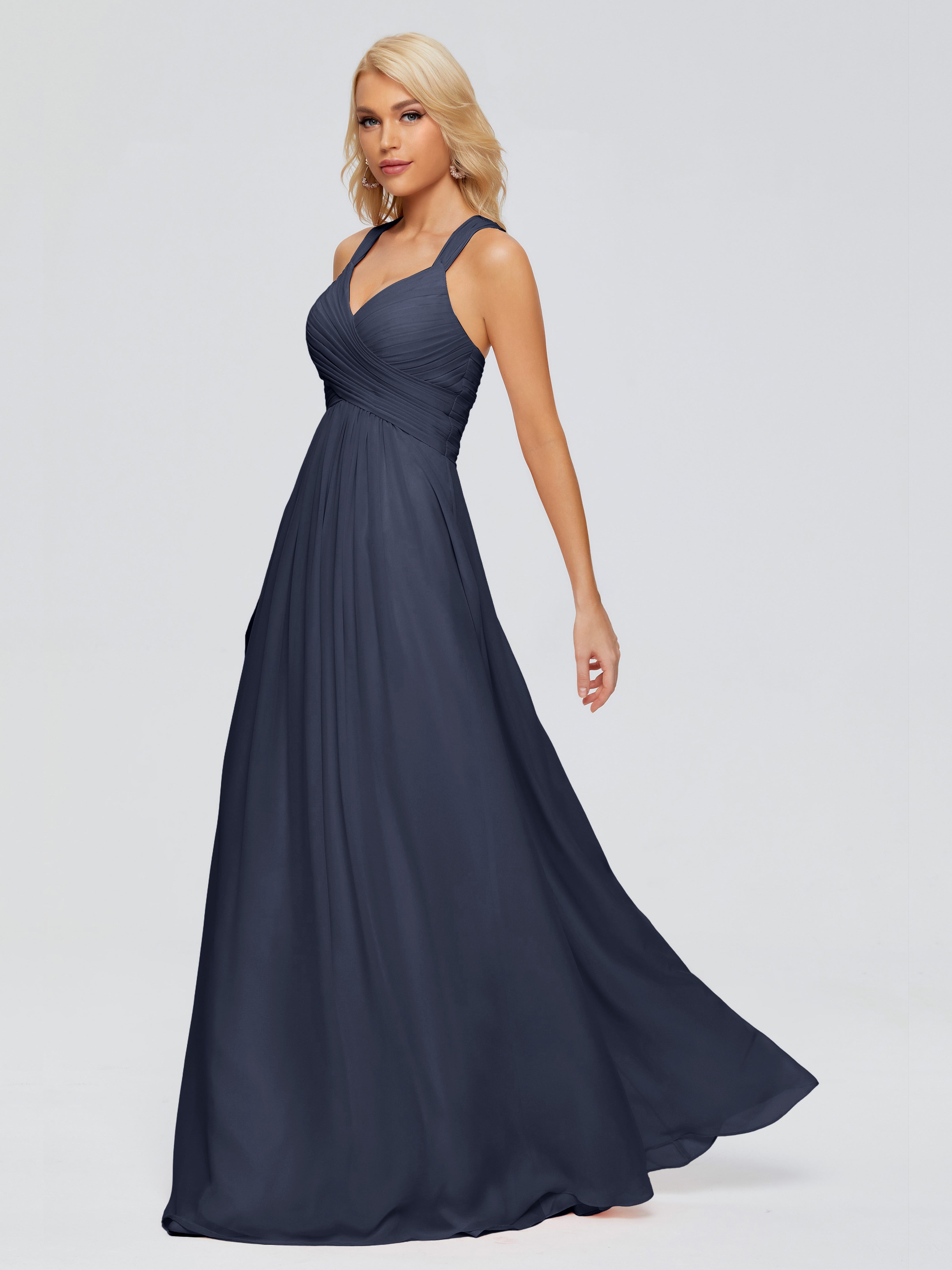 Robe Demoiselle D Honneur Bleu Marine Trapèze Bretelles Croisées Mousseline Robes Demoiselle D'Honneur