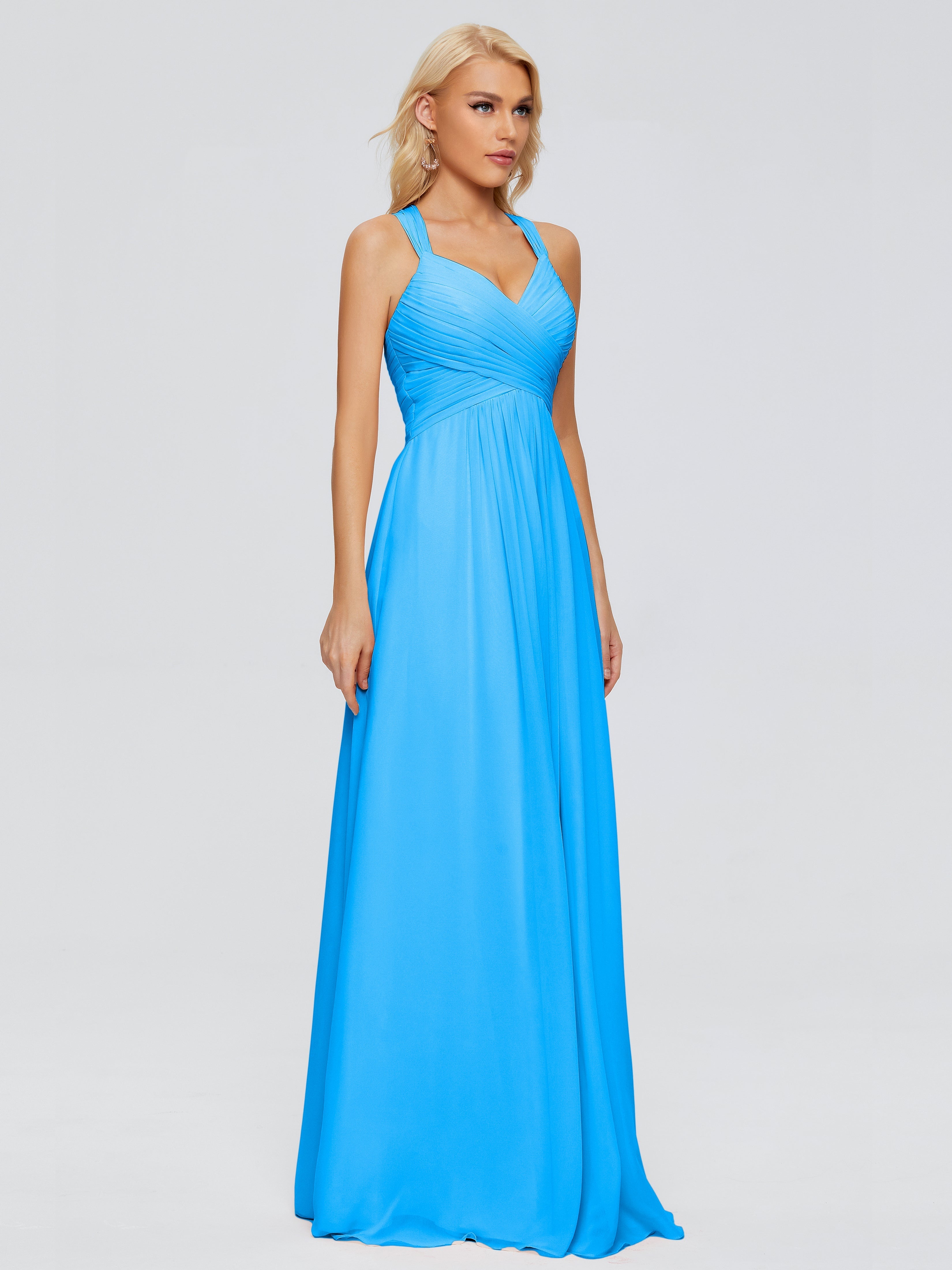 Robes De Demoiselle D'Honneur Bleu Océan Trapèze Bretelles Croisées Mousseline Robes Demoiselle D'Honneur