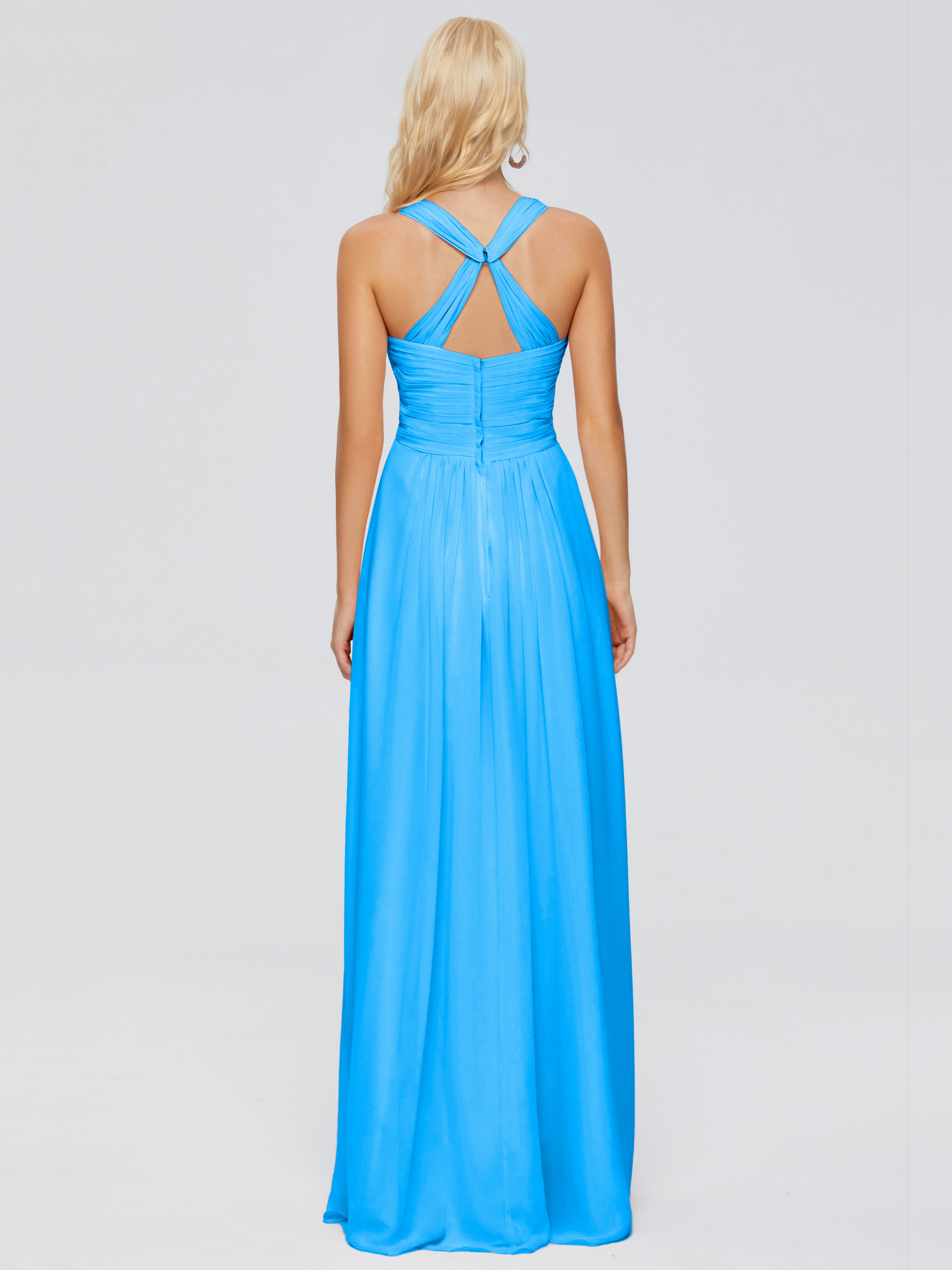 Robes De Demoiselle D'Honneur Bleu Océan Trapèze Bretelles Croisées Mousseline Robes Demoiselle D'Honneur