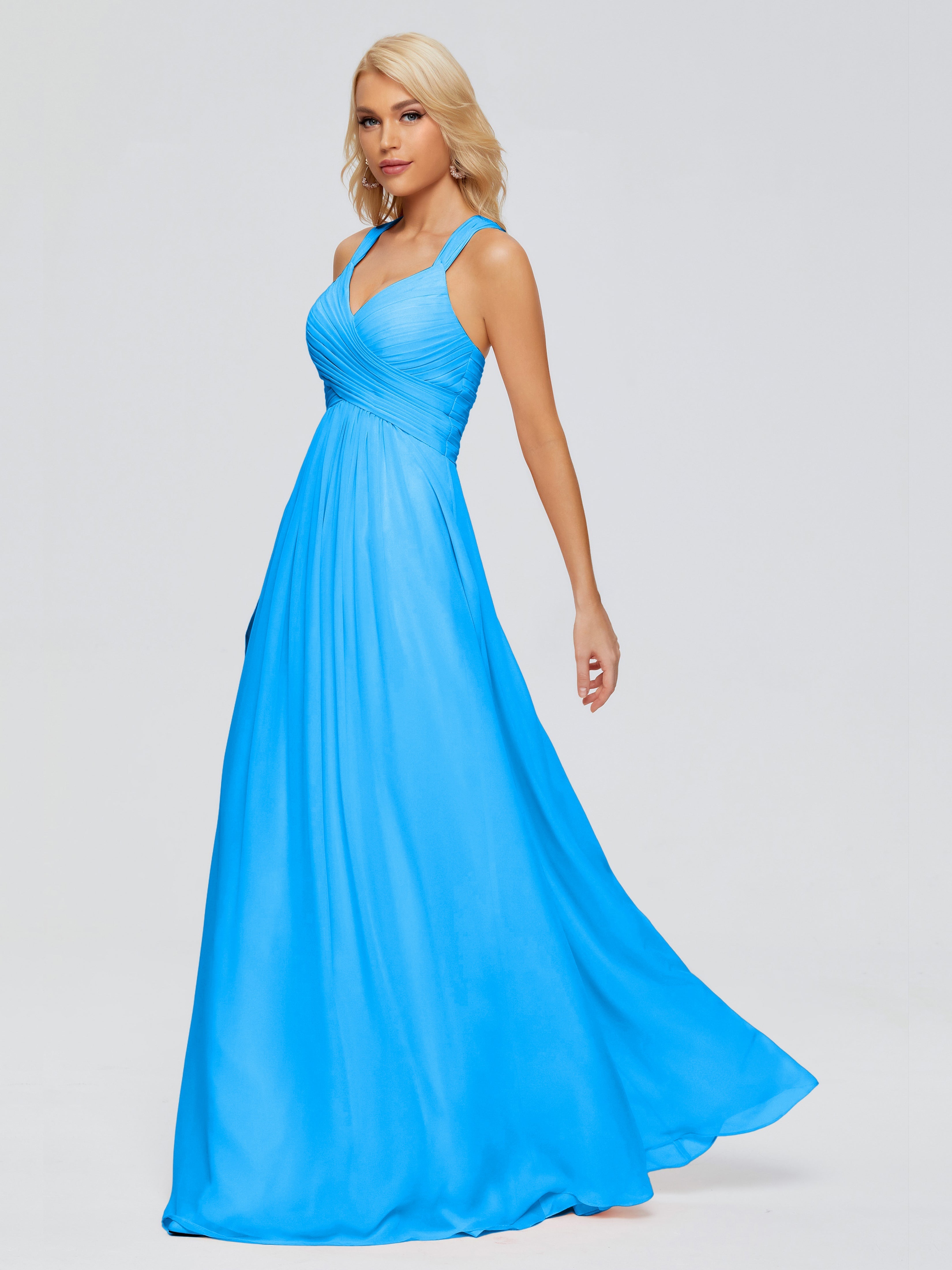 Robes De Demoiselle D'Honneur Bleu Océan Trapèze Bretelles Croisées Mousseline Robes Demoiselle D'Honneur