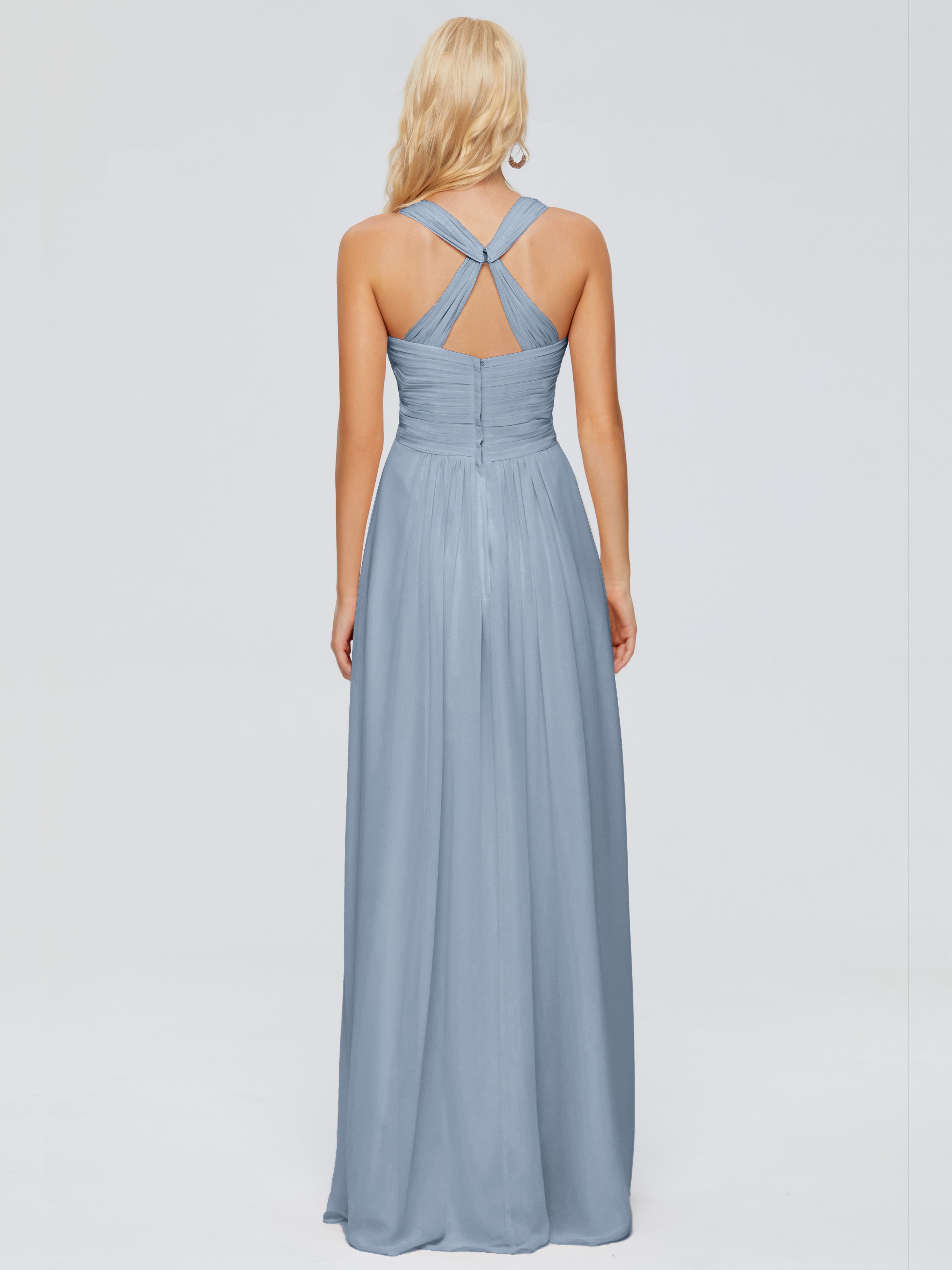 Robes De Demoiselle D'Honneur Bleu Poussiéreux Trapèze Bretelles Croisées Mousseline Robes Demoiselle D'Honneur