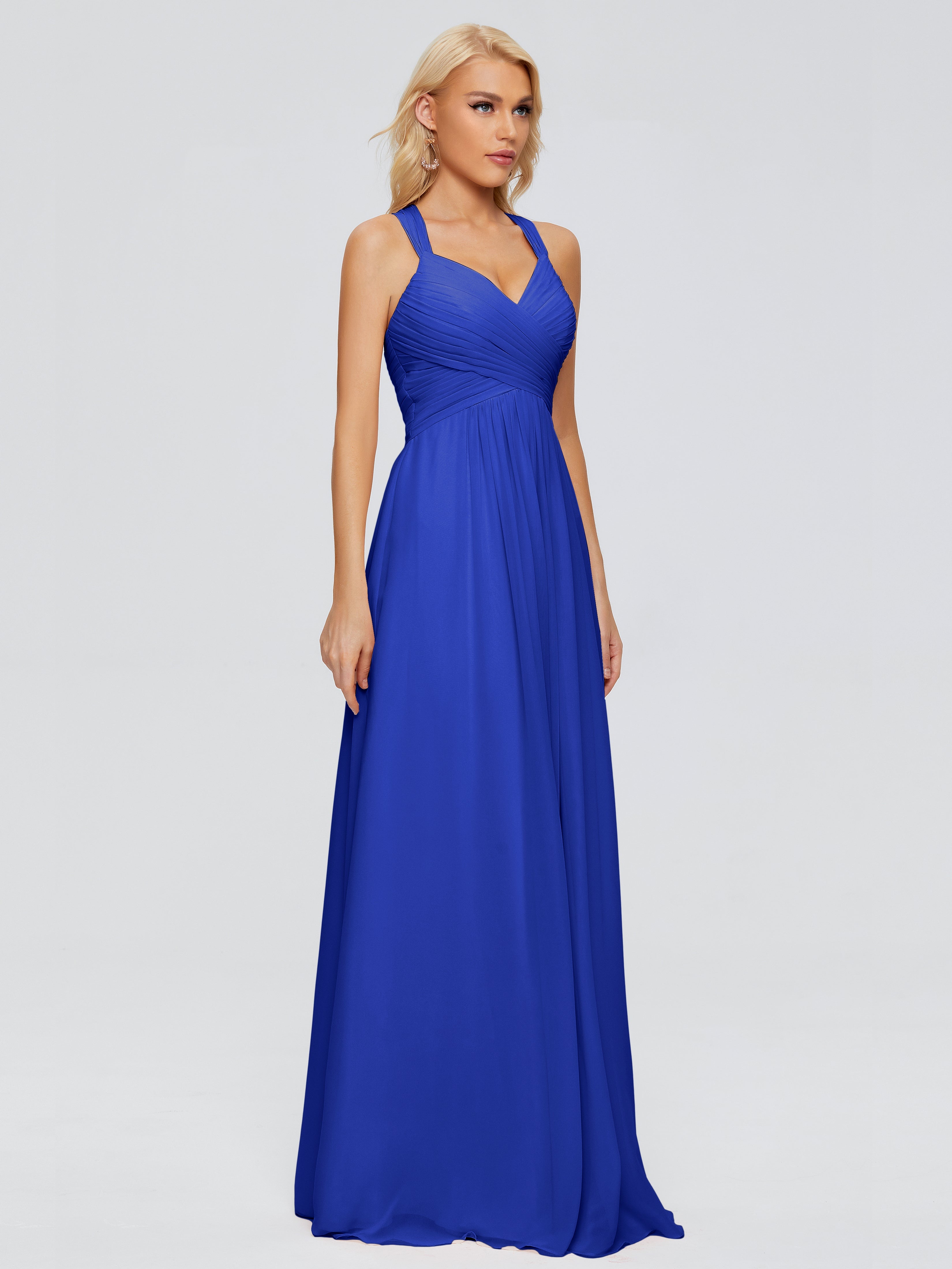 Robe Demoiselle D Honneur Bleue Roi Trapèze Bretelles Croisées Mousseline Robes Demoiselle D'Honneur