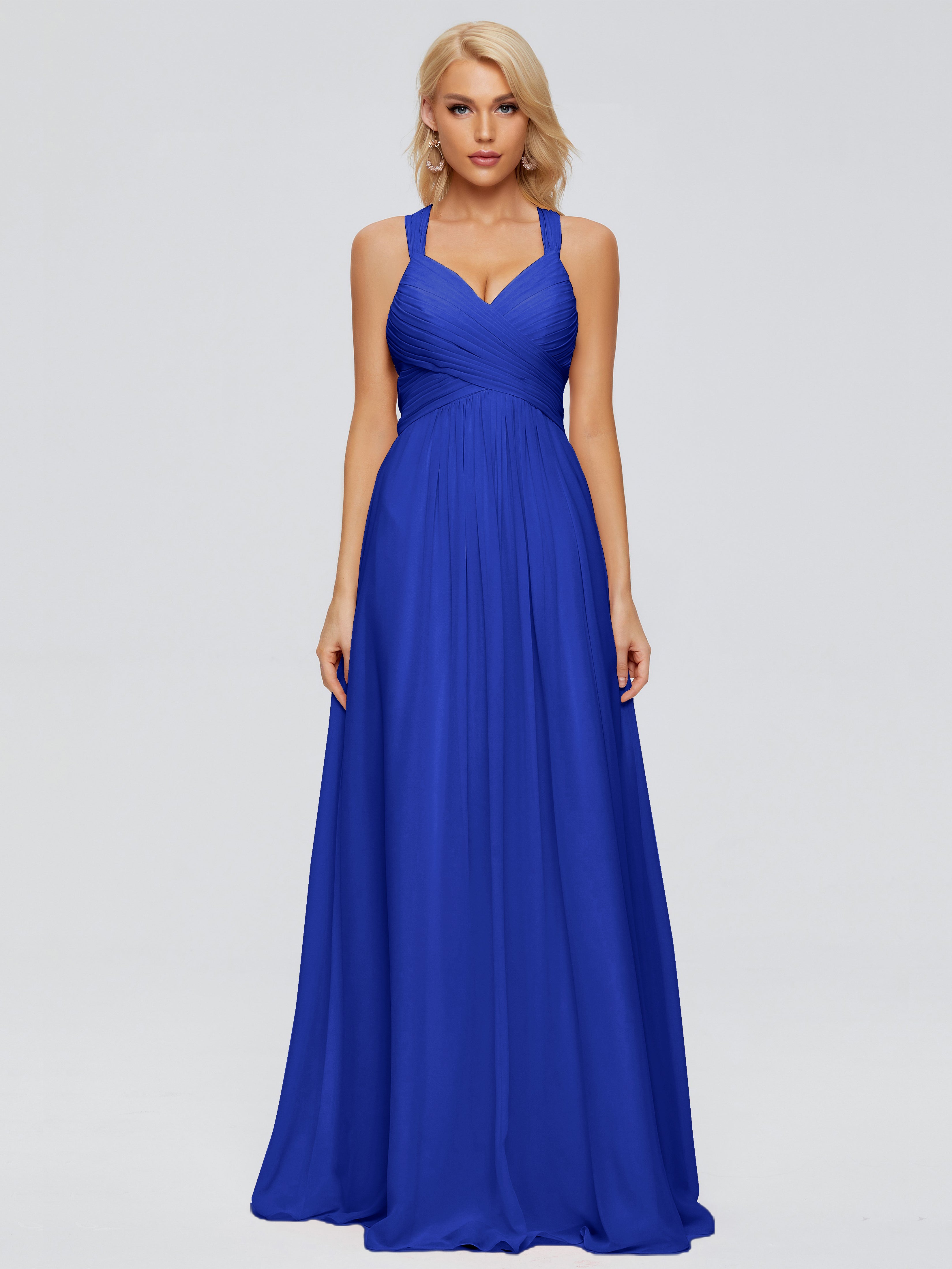 Robe Demoiselle D Honneur Bleue Roi Trapèze Bretelles Croisées Mousseline Robes Demoiselle D'Honneur