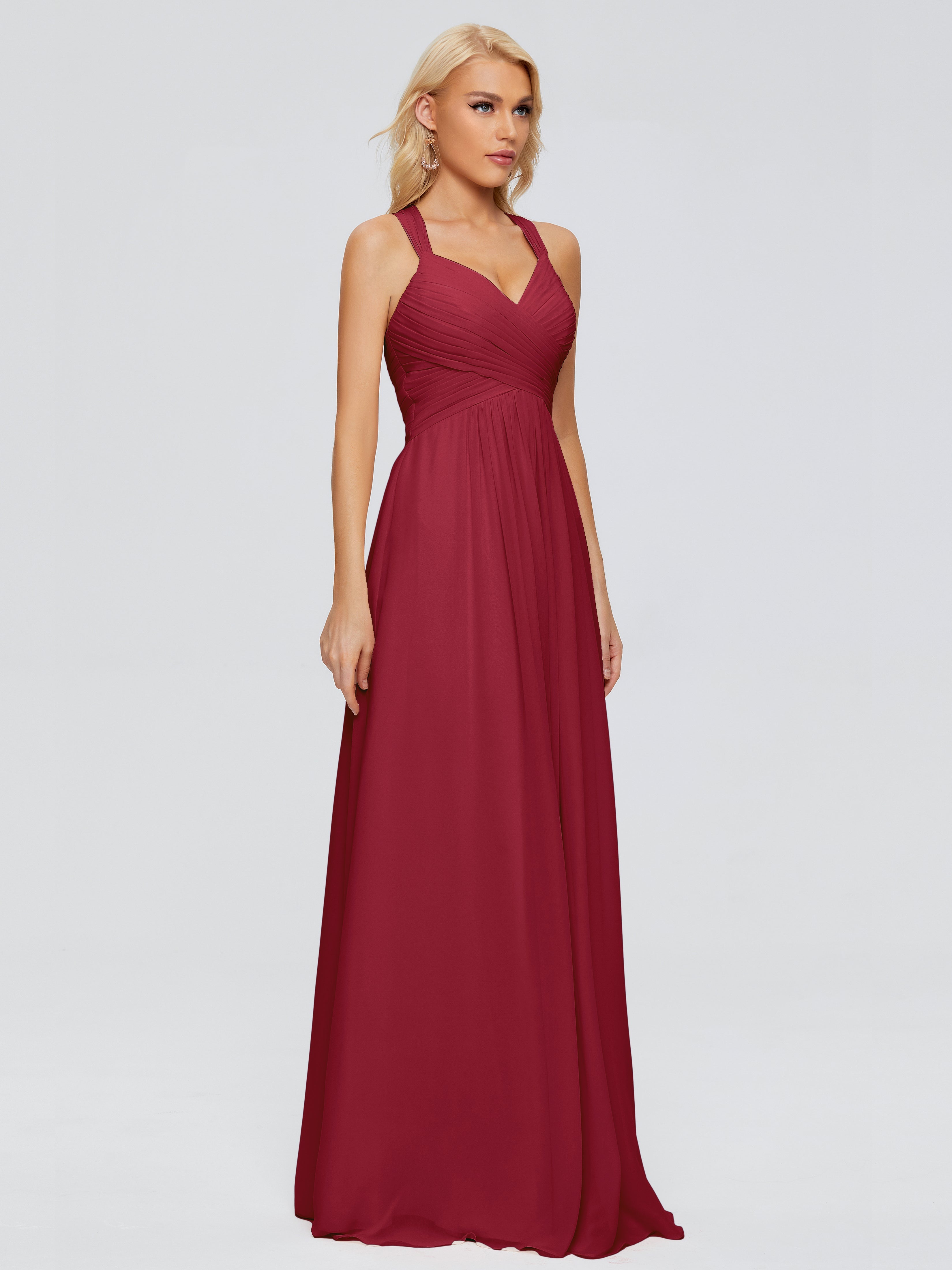 Robe Demoiselle D Honneur Rouge Bordeaux Trapèze Bretelles Croisées Mousseline Robes Demoiselle D'Honneur