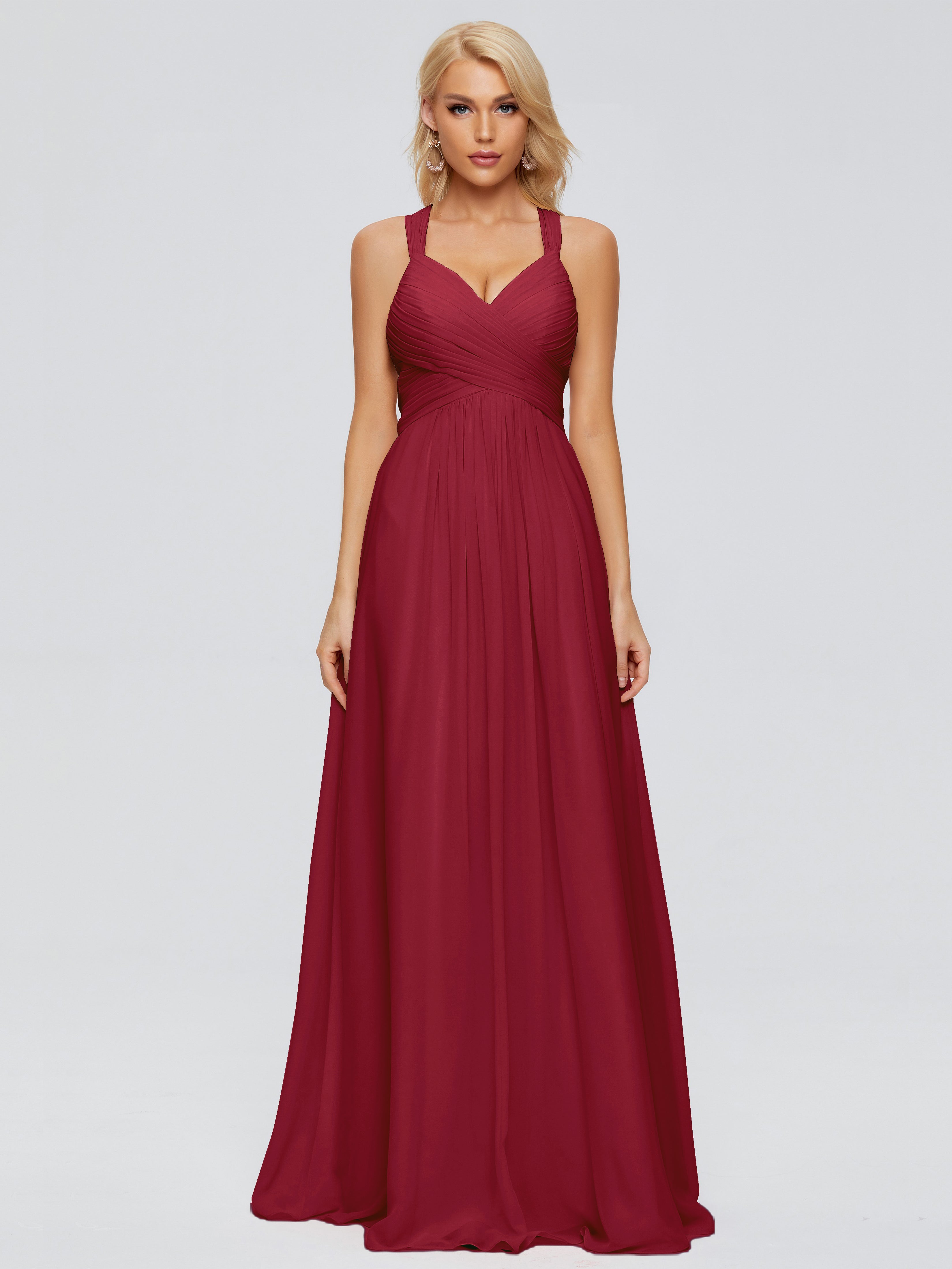 Robe Demoiselle D Honneur Rouge Bordeaux Trapèze Bretelles Croisées Mousseline Robes Demoiselle D'Honneur