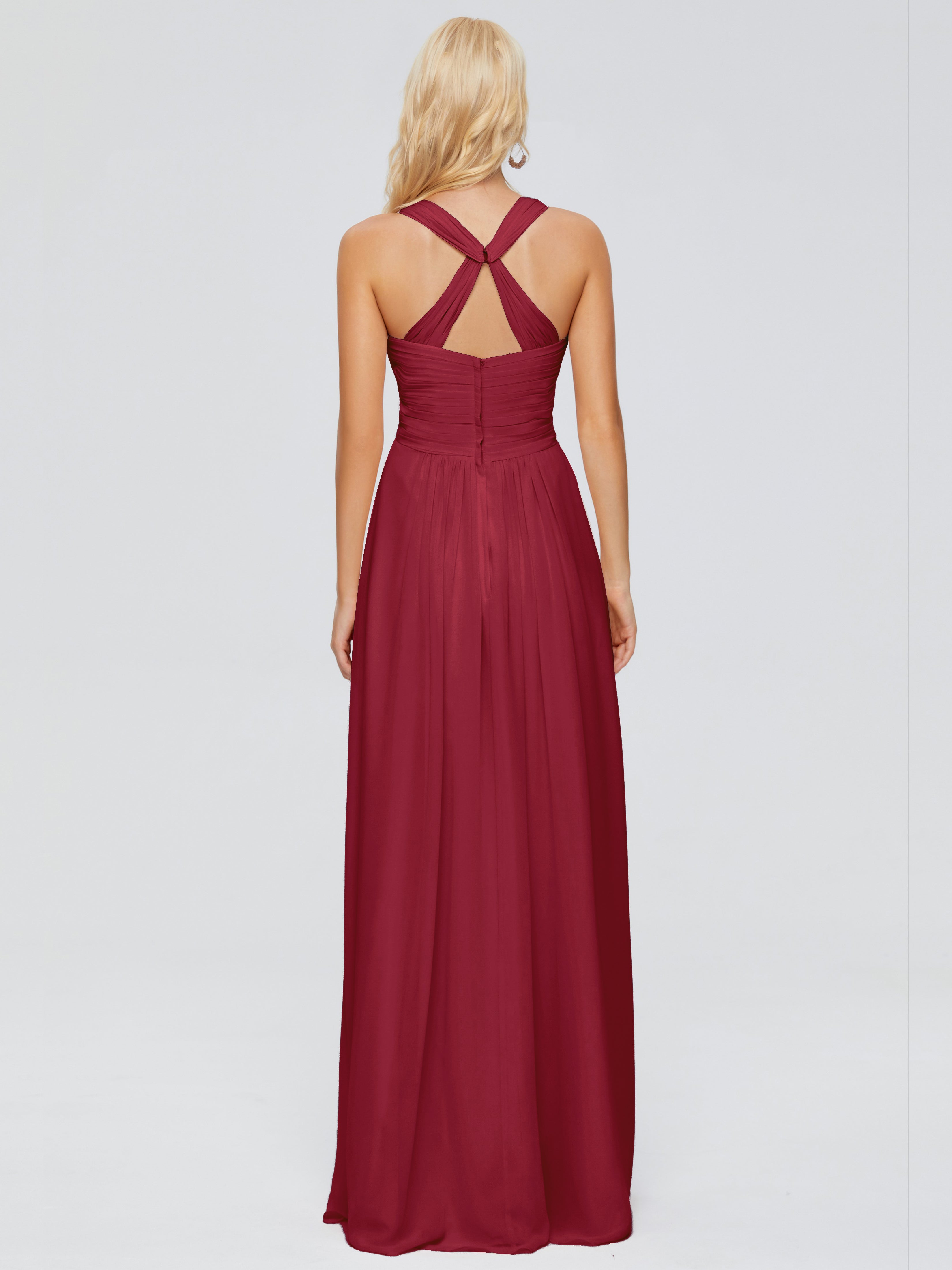 Robe Demoiselle D Honneur Rouge Bordeaux Trapèze Bretelles Croisées Mousseline Robes Demoiselle D'Honneur