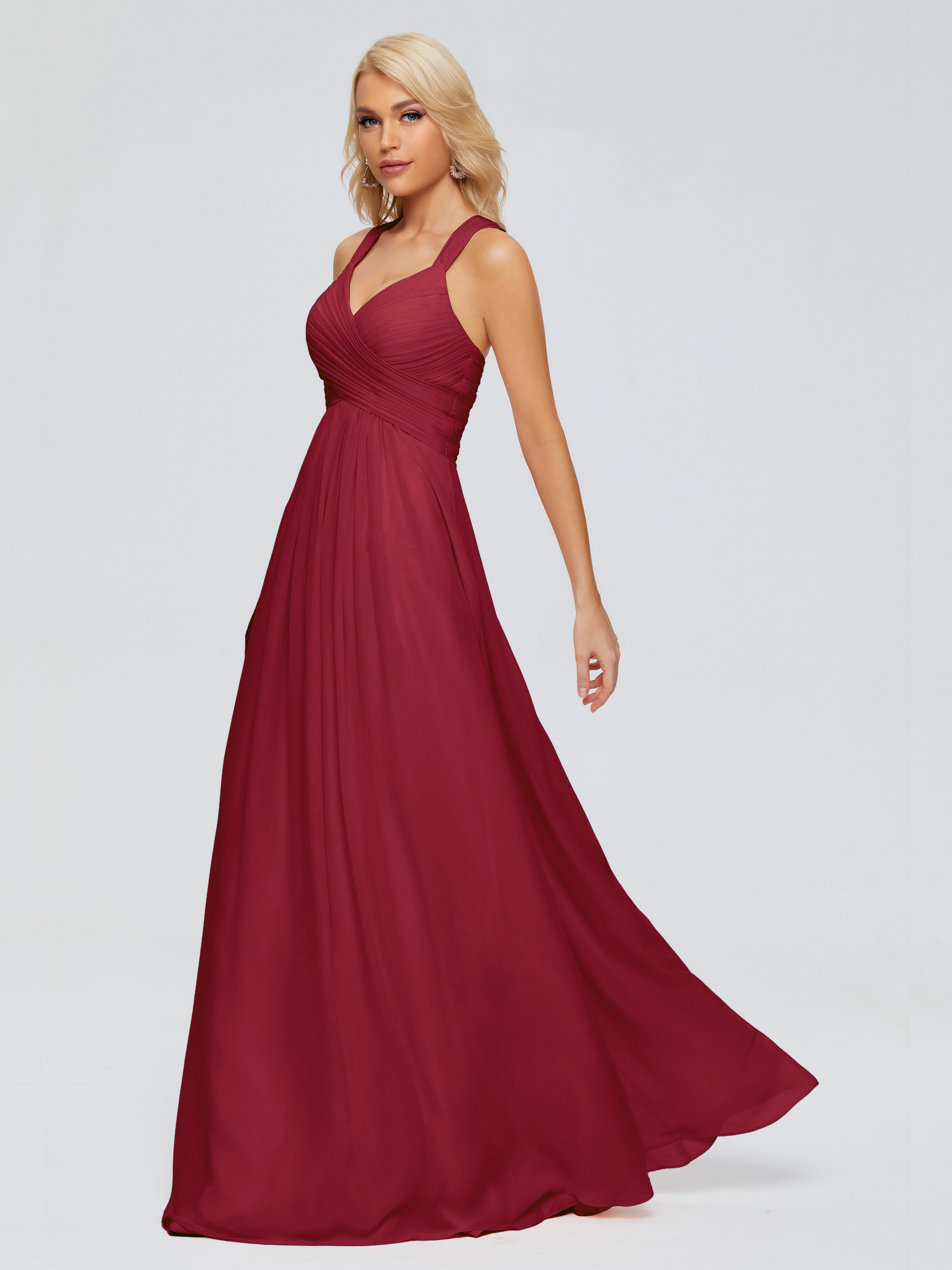Robe Demoiselle D Honneur Rouge Bordeaux Trapèze Bretelles Croisées Mousseline Robes Demoiselle D'Honneur