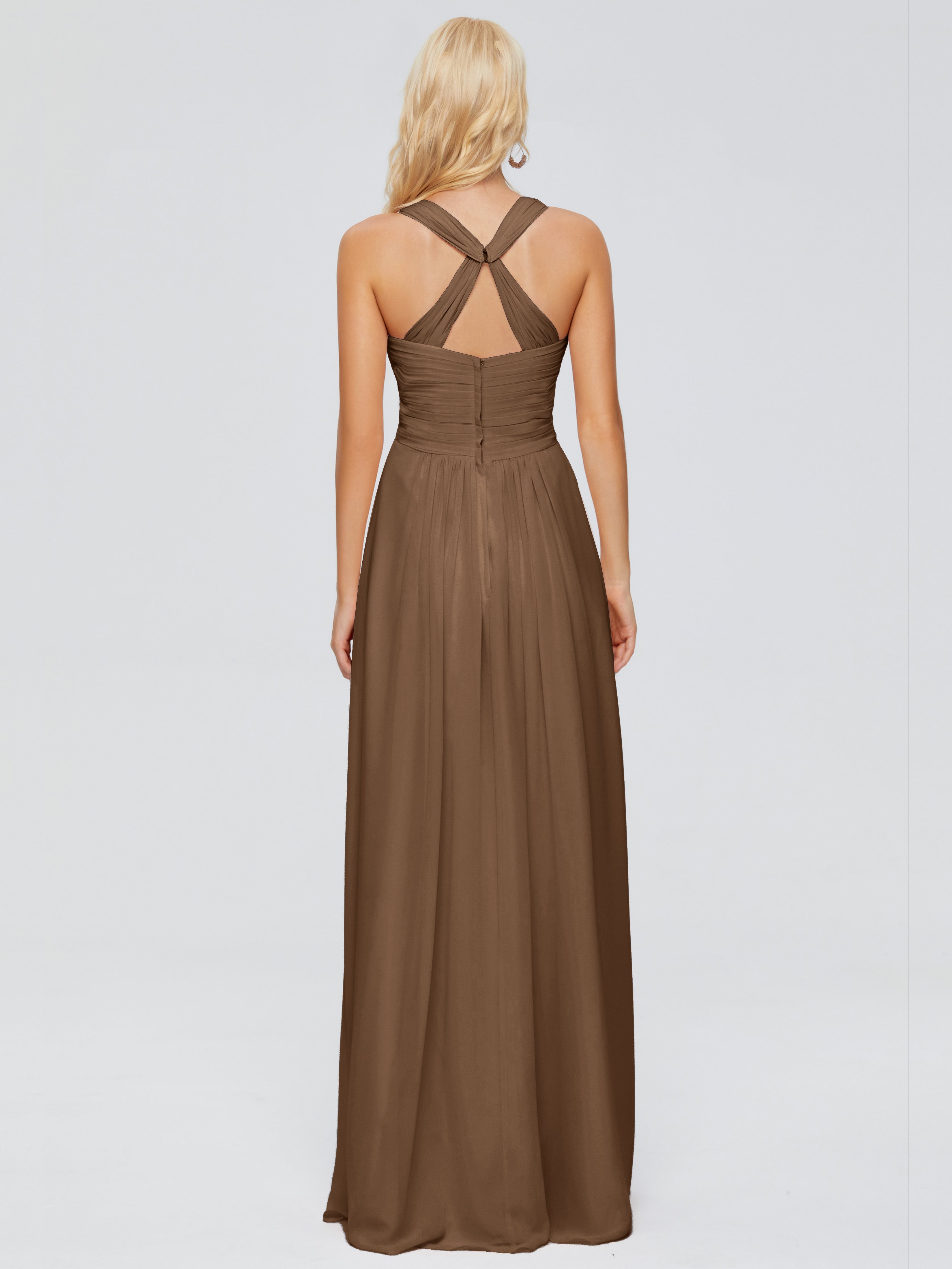 Robe Demoiselle D Honneur Brun Trapèze Bretelles Croisées Mousseline Robes Demoiselle D'Honneur