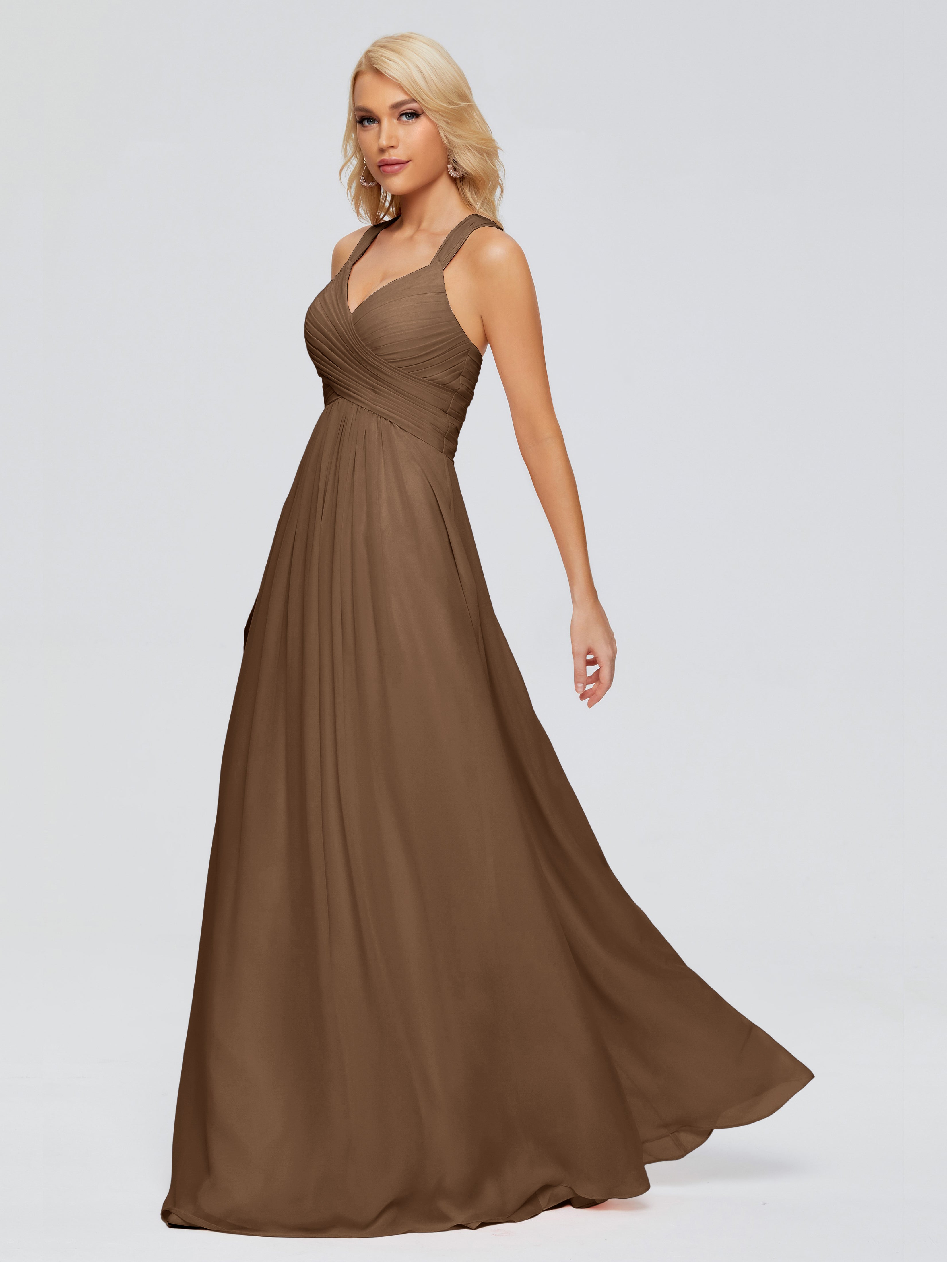 Robe Demoiselle D Honneur Brun Trapèze Bretelles Croisées Mousseline Robes Demoiselle D'Honneur