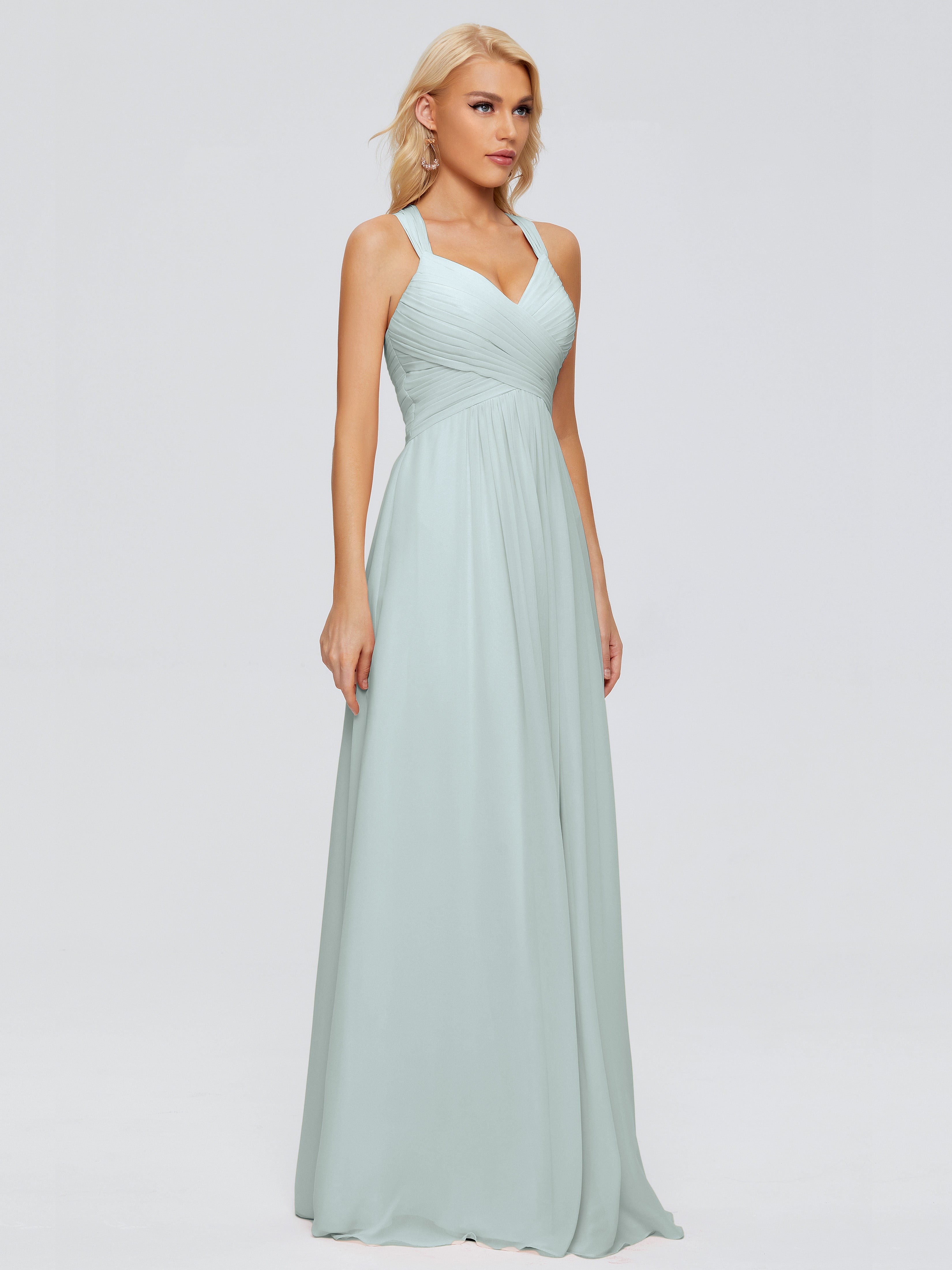 Robe Demoiselle D Honneur Celadon Trapèze Bretelles Croisées Mousseline Robes Demoiselle D'Honneur