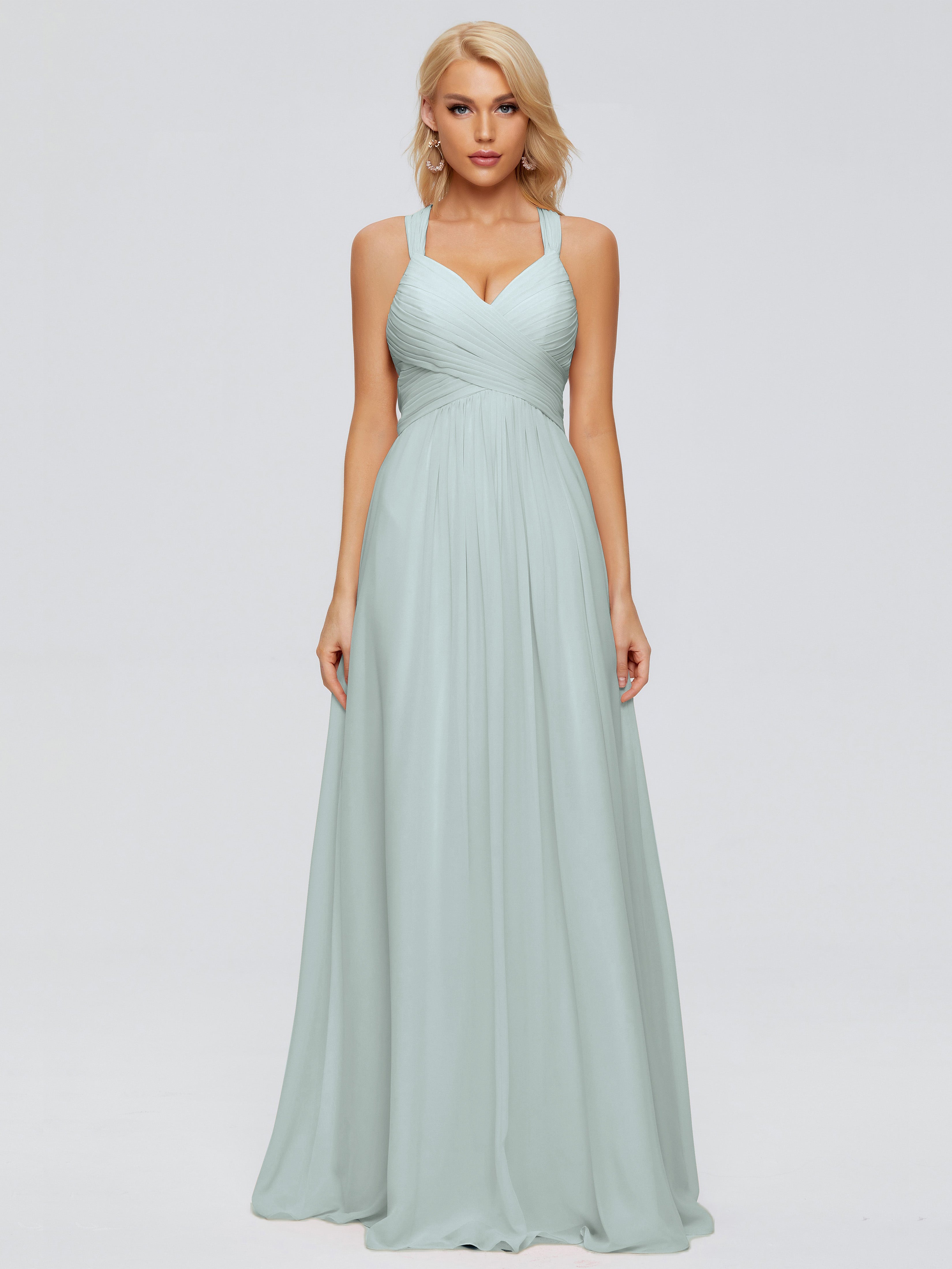Robe Demoiselle D Honneur Celadon Trapèze Bretelles Croisées Mousseline Robes Demoiselle D'Honneur