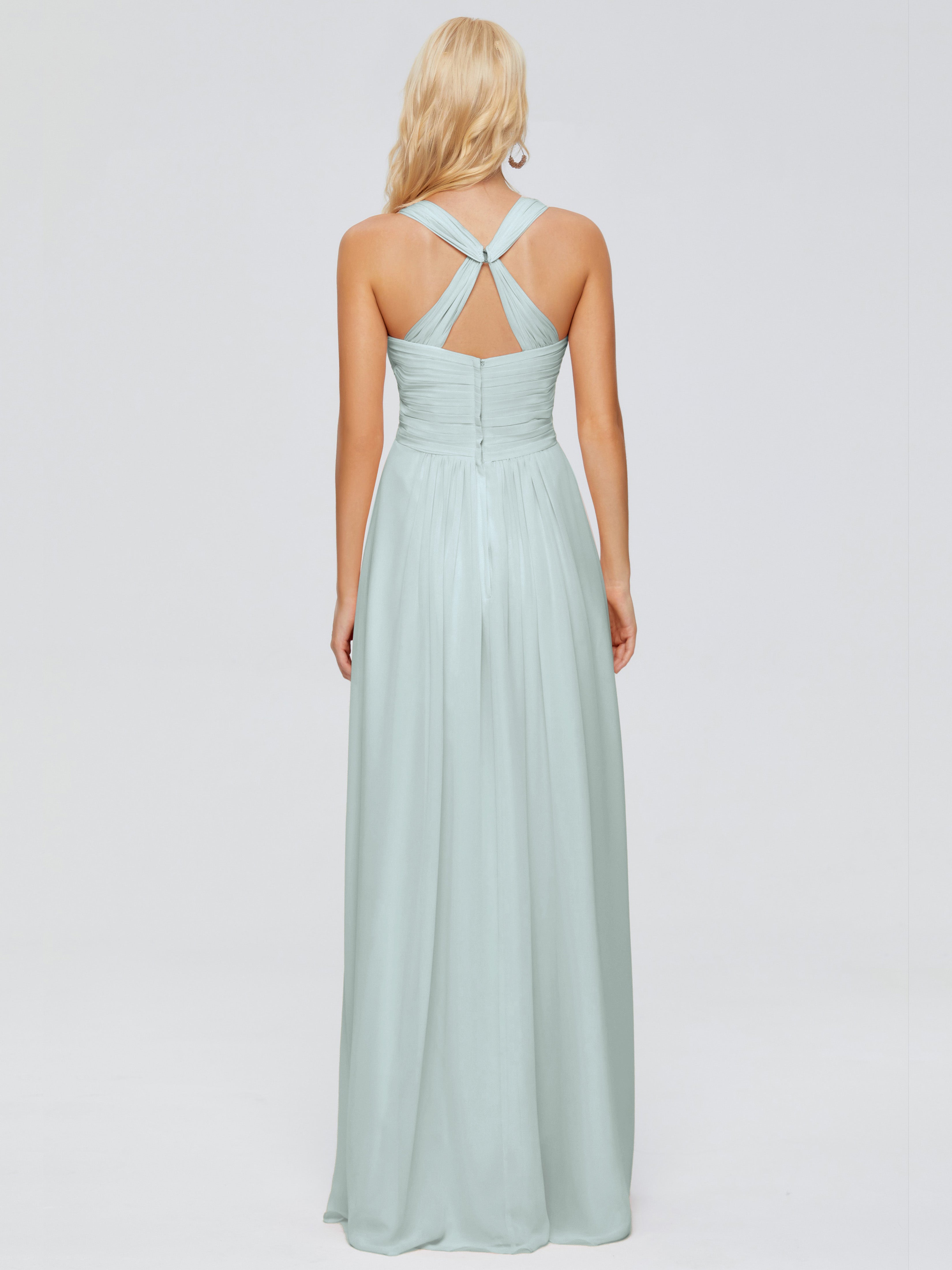 Robe Demoiselle D Honneur Celadon Trapèze Bretelles Croisées Mousseline Robes Demoiselle D'Honneur