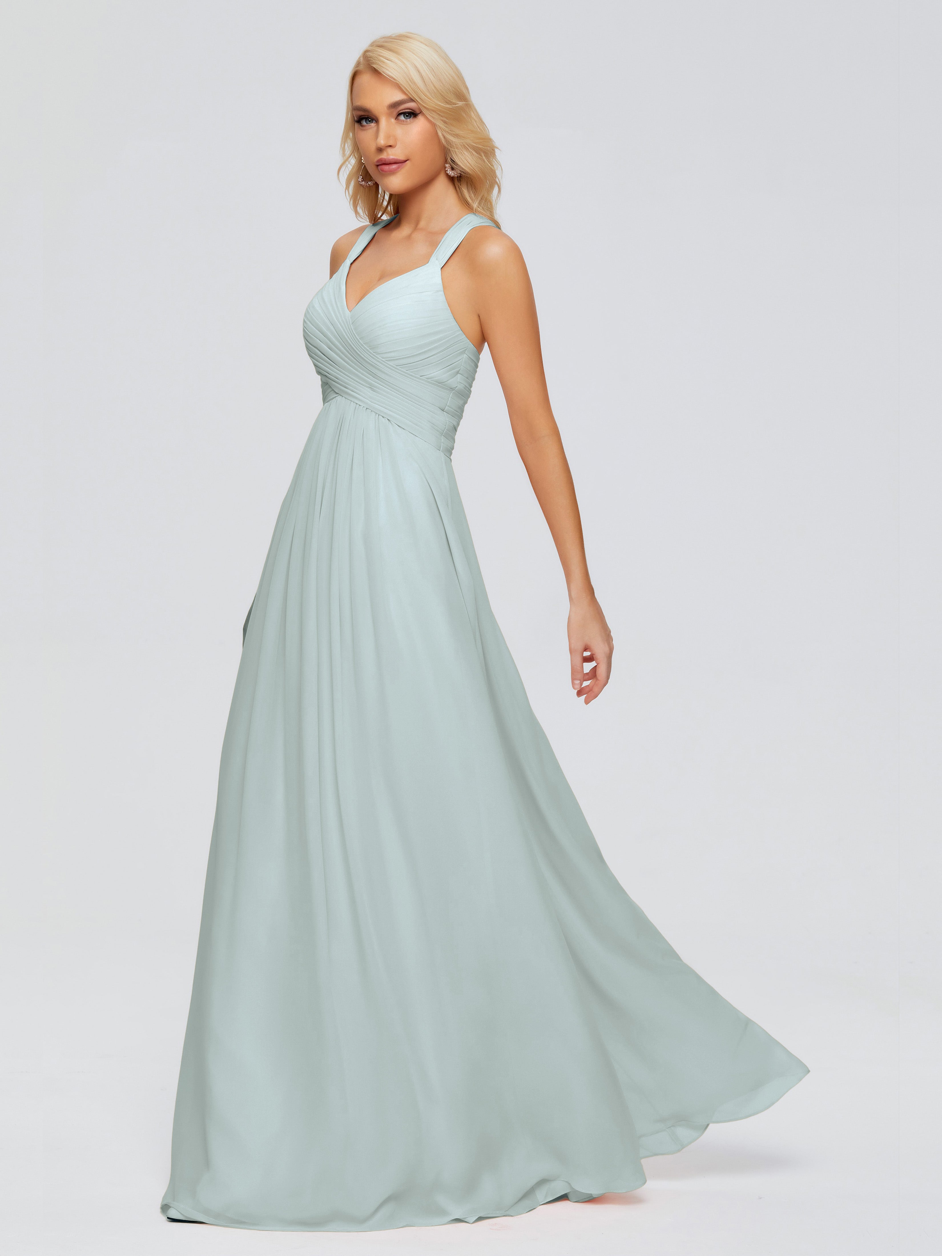 Robe Demoiselle D Honneur Celadon Trapèze Bretelles Croisées Mousseline Robes Demoiselle D'Honneur