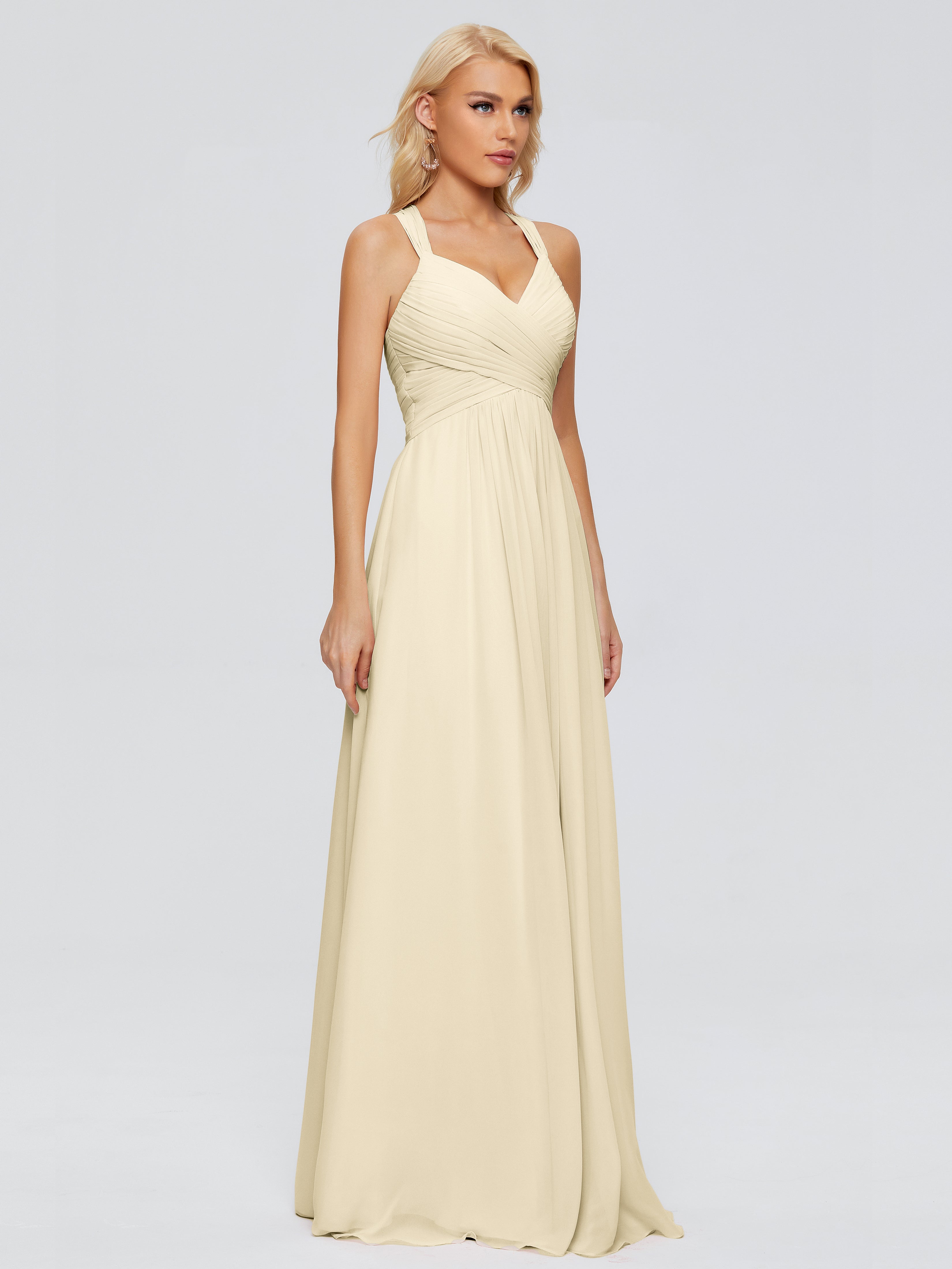 Robes Demoiselle D Honneur Champagne Trapèze Bretelles Croisées Mousseline Robes Demoiselle D'Honneur