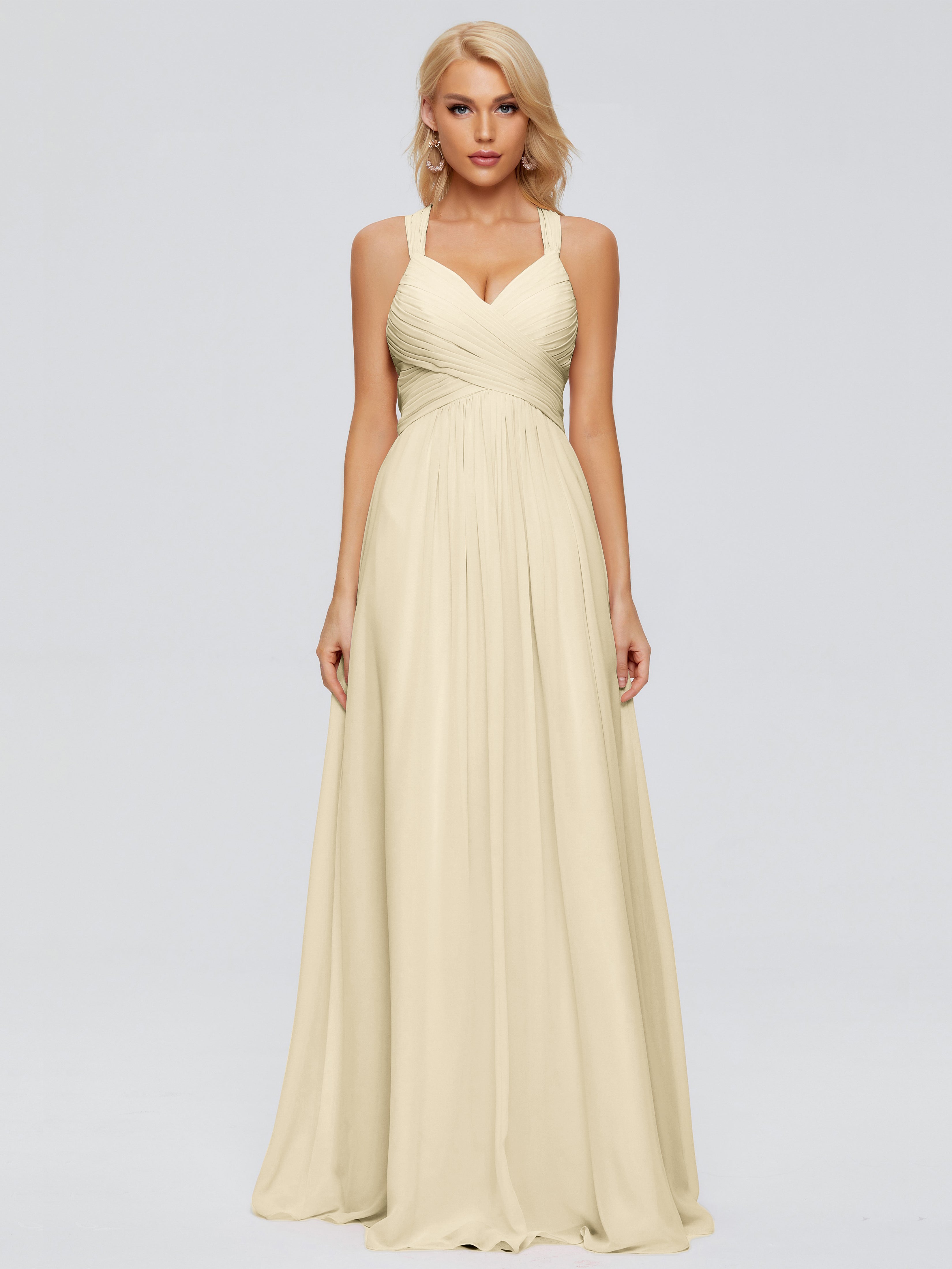 Robes Demoiselle D Honneur Champagne Trapèze Bretelles Croisées Mousseline Robes Demoiselle D'Honneur
