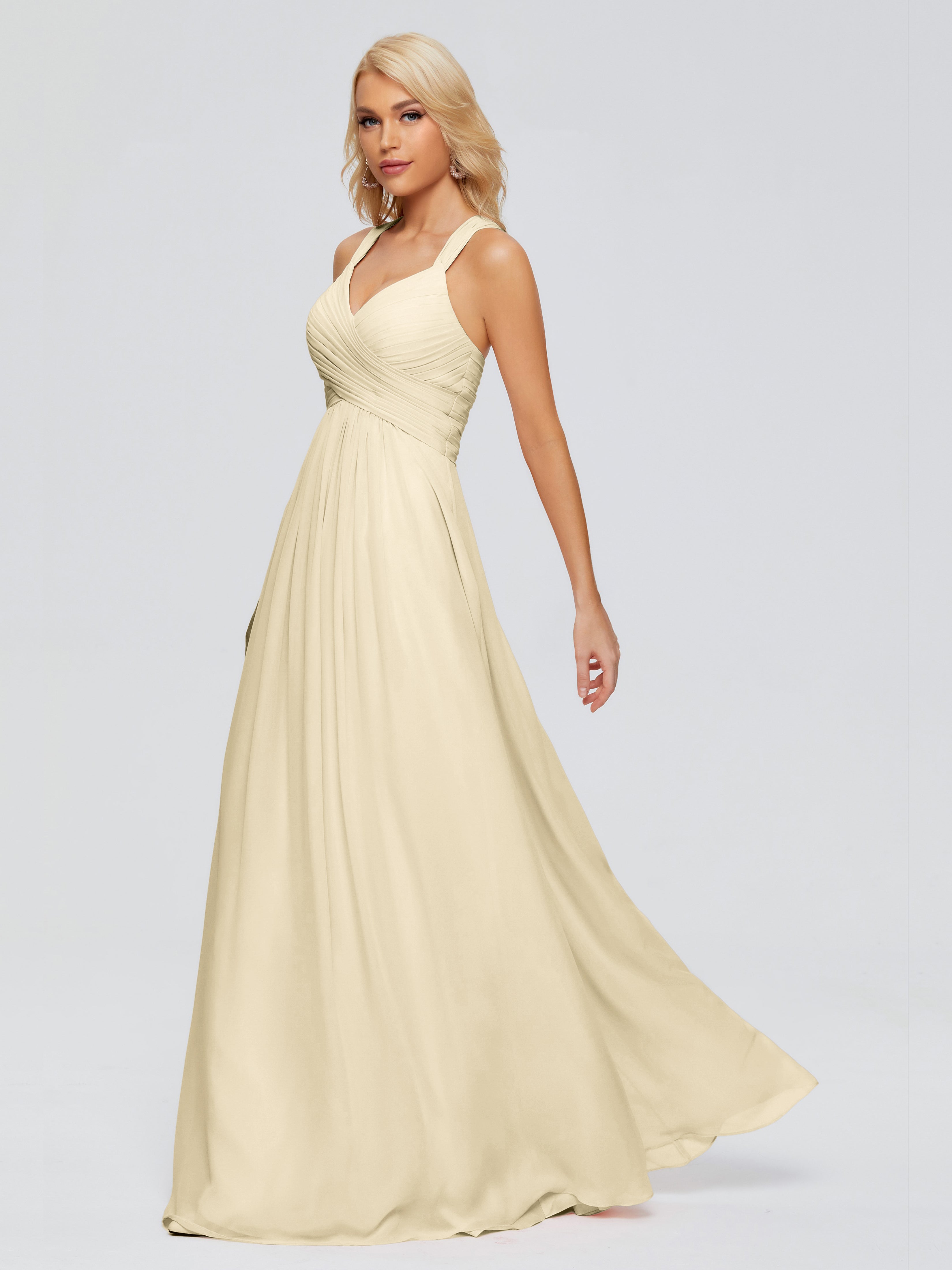 Robes Demoiselle D Honneur Champagne Trapèze Bretelles Croisées Mousseline Robes Demoiselle D'Honneur